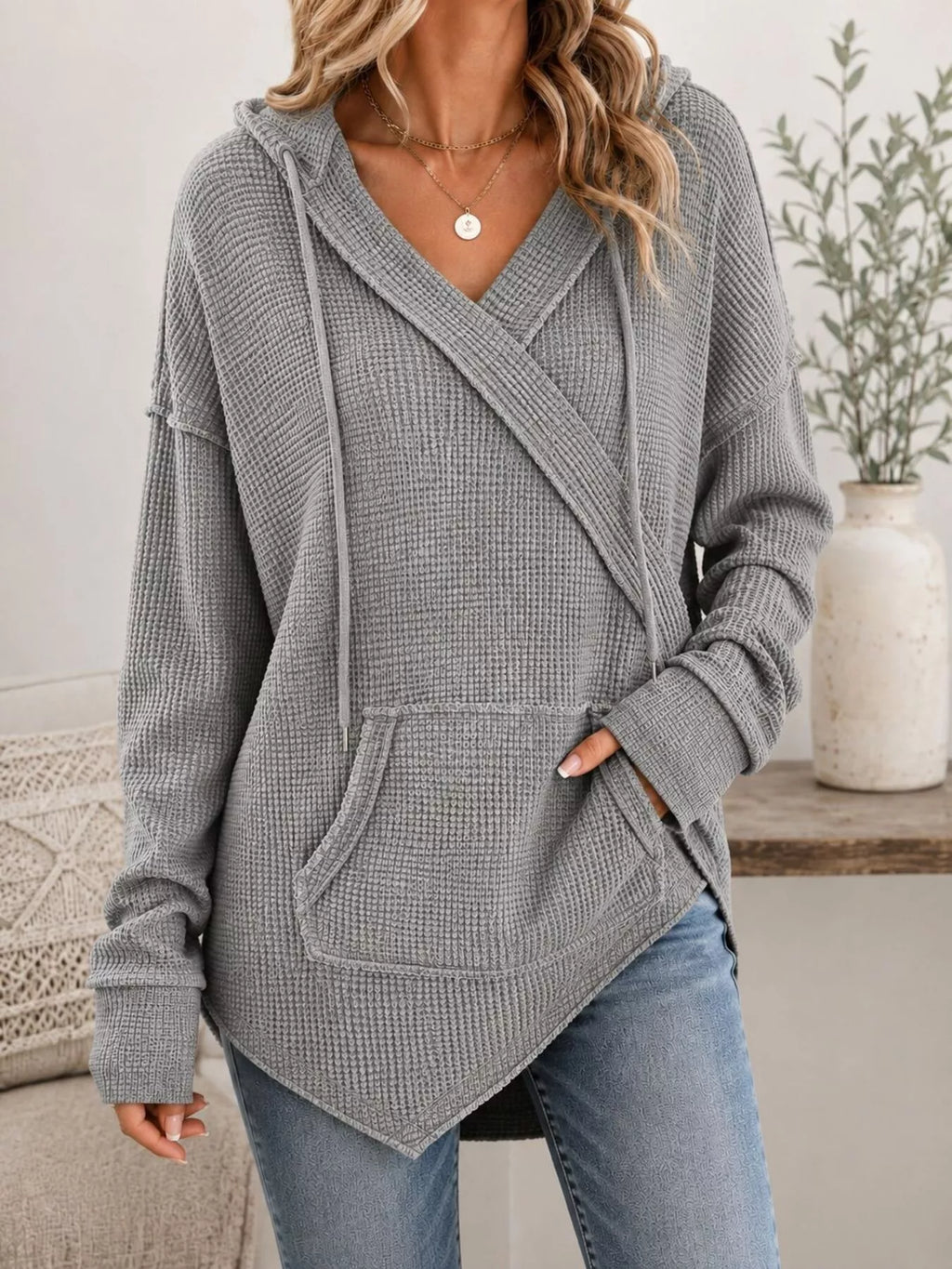 Drawstring Waffle Knit Hoodie