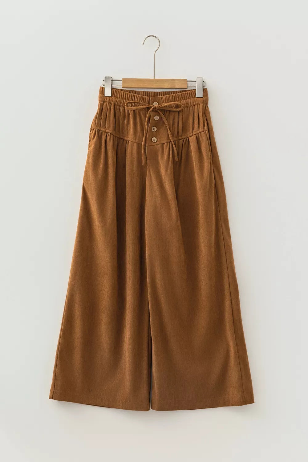 Elastic Waist Wooden Button Placket Ankle Length Wide Leg Pants