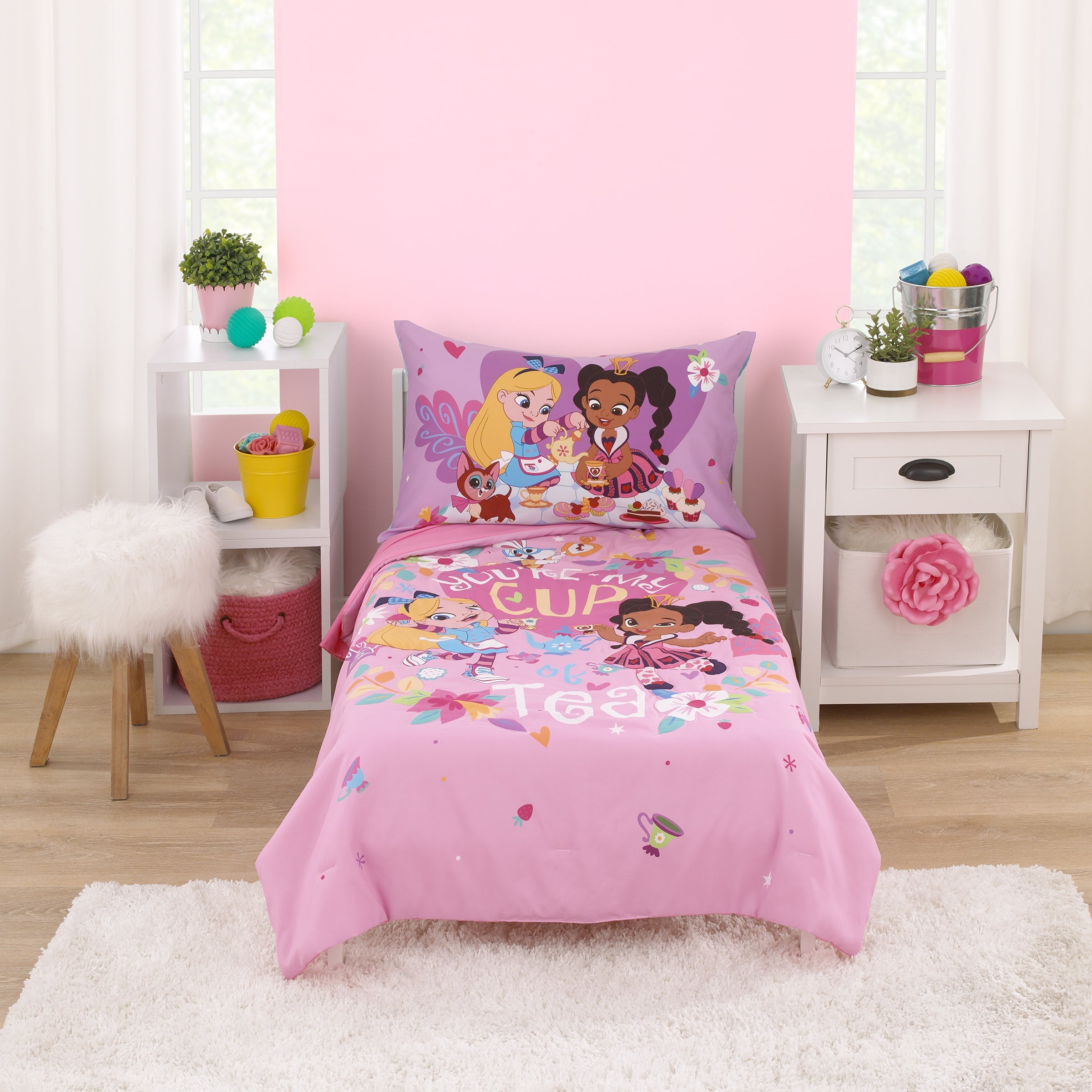 Disney Alice's Wonderland Bakery Tea Party Pink and Purple 4 Piece Toddler Bed Set - Comforter, Fitted Bottom Sheet, Flat Top Sheet, and Reversible Pillowcase