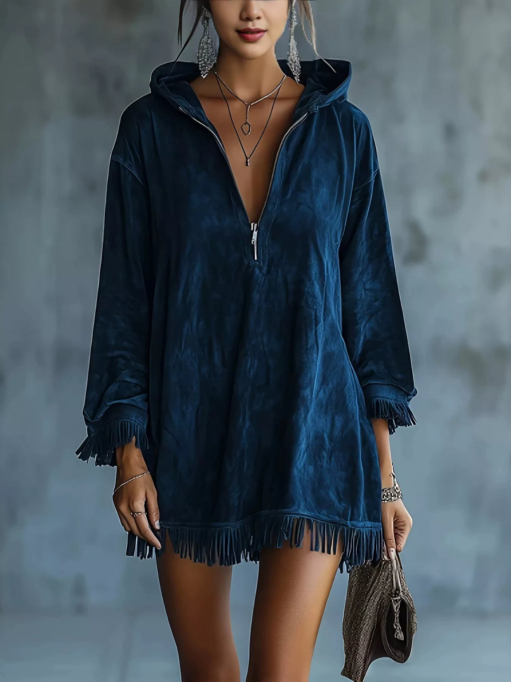 Full Size Hooded Fringed Half Zip Mini Dress Plus Size