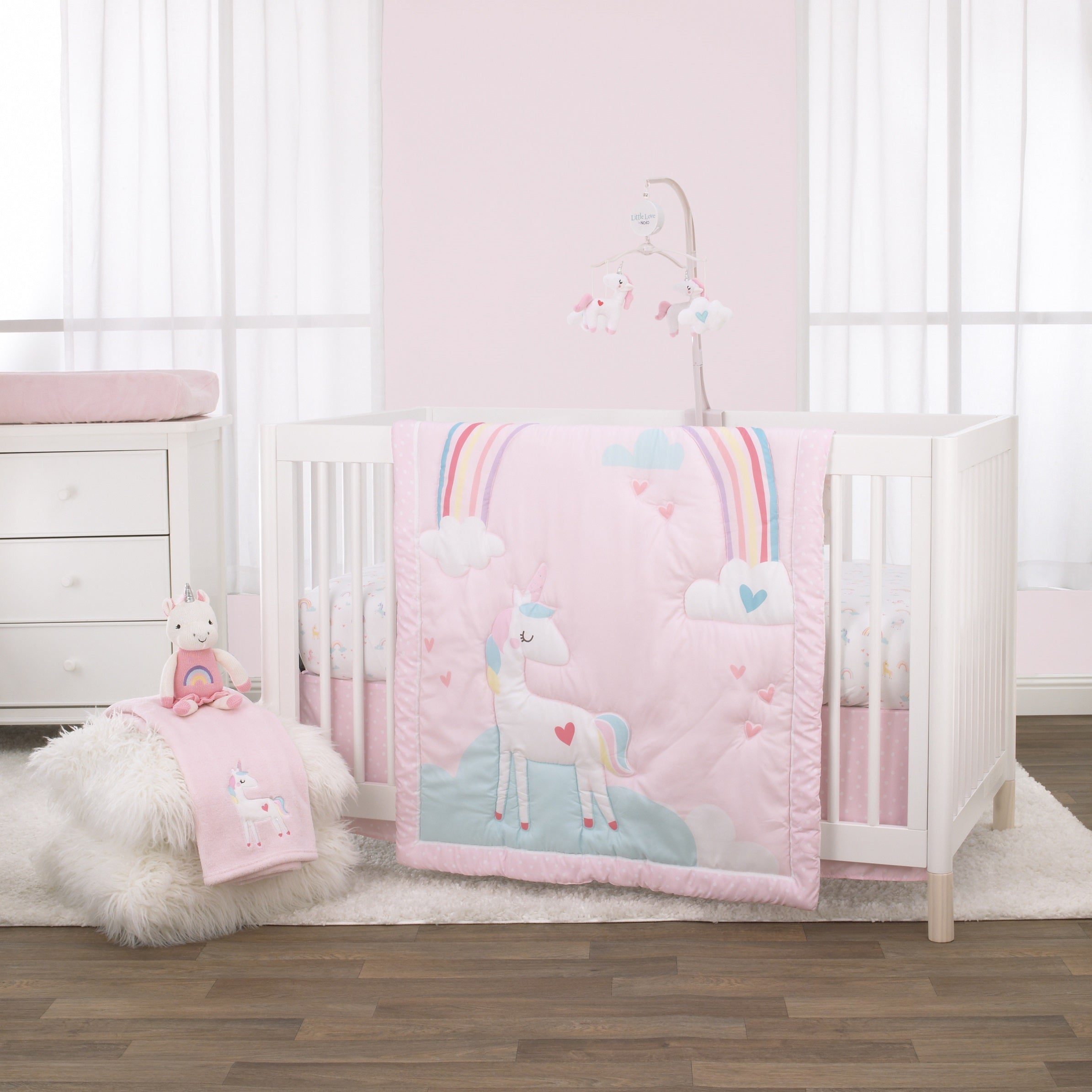 Little Love by NoJo Rainbow Unicorn Pink, Aqua, Yellow and White Fitted Crib Sheet