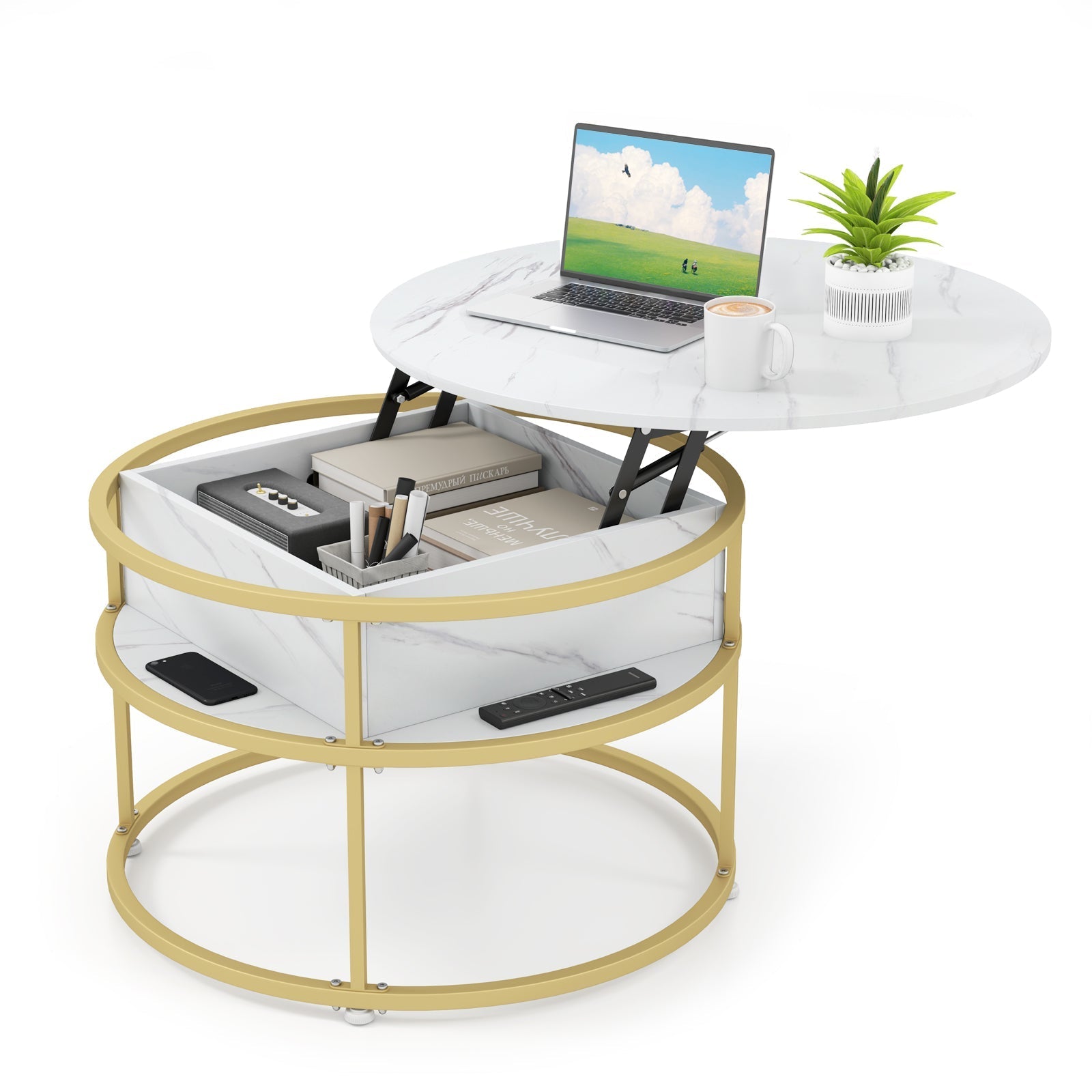 31.5 Inch Round Lift Top Coffee Table with Hidden Compartment and Side Shelves