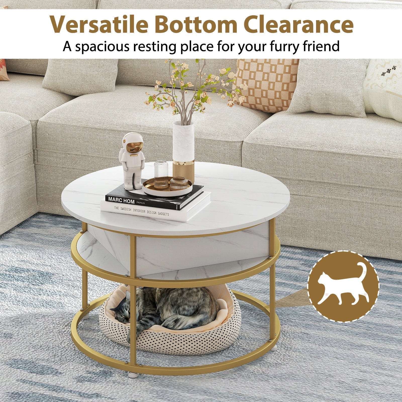 31.5 Inch Round Lift Top Coffee Table with Hidden Compartment and Side Shelves