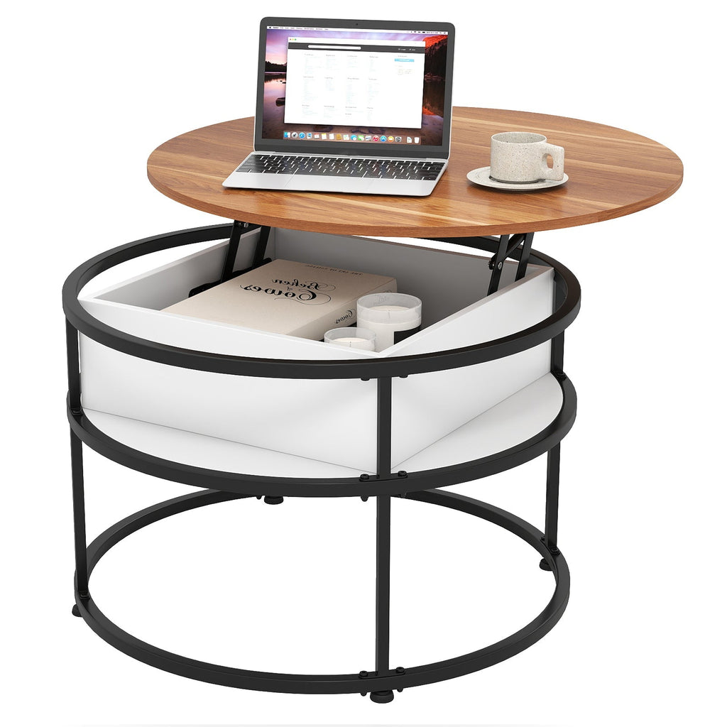 31.5 Inch Round Lift Top Coffee Table with Hidden Compartment and Side Shelves