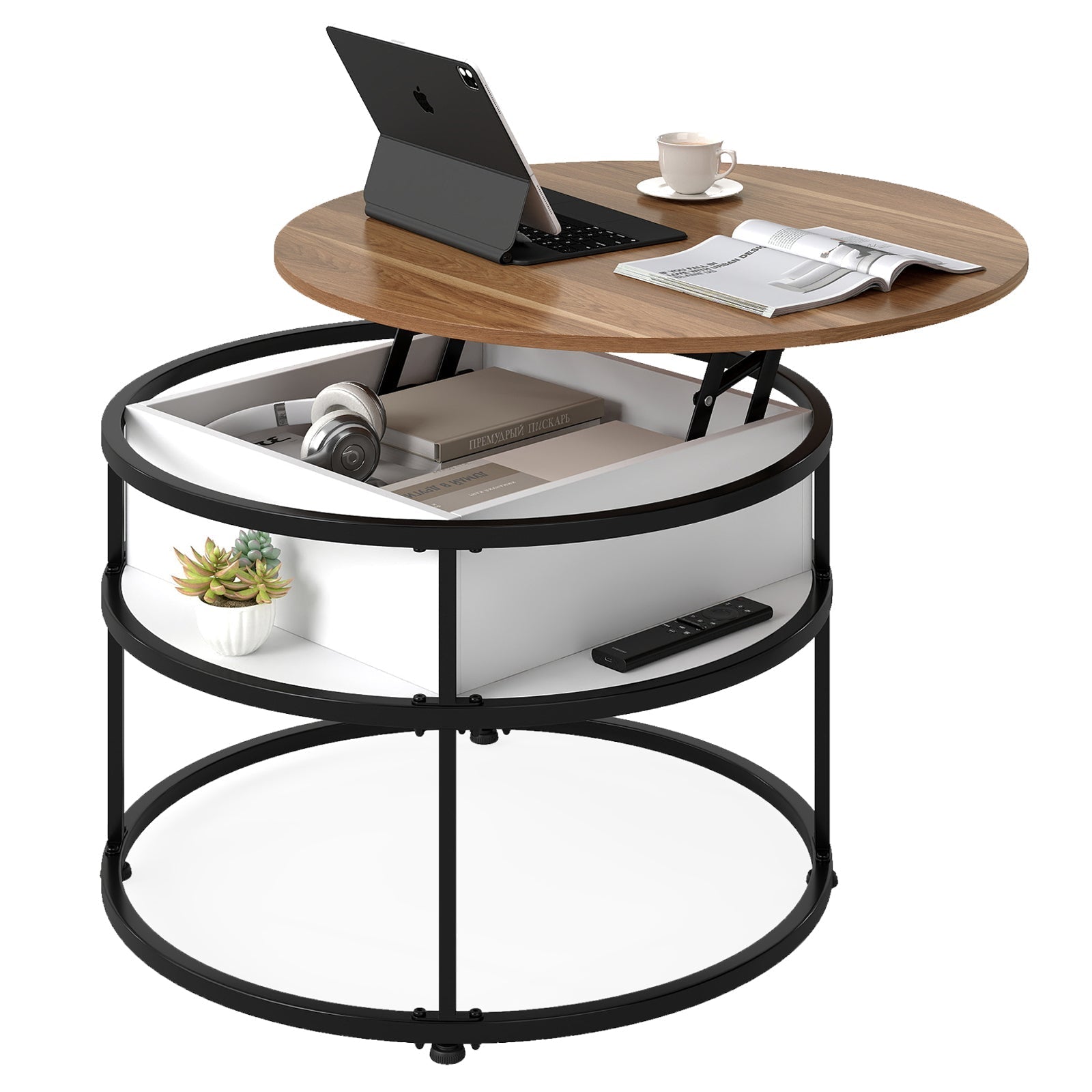 31.5 Inch Round Lift Top Coffee Table with Hidden Compartment and Side Shelves