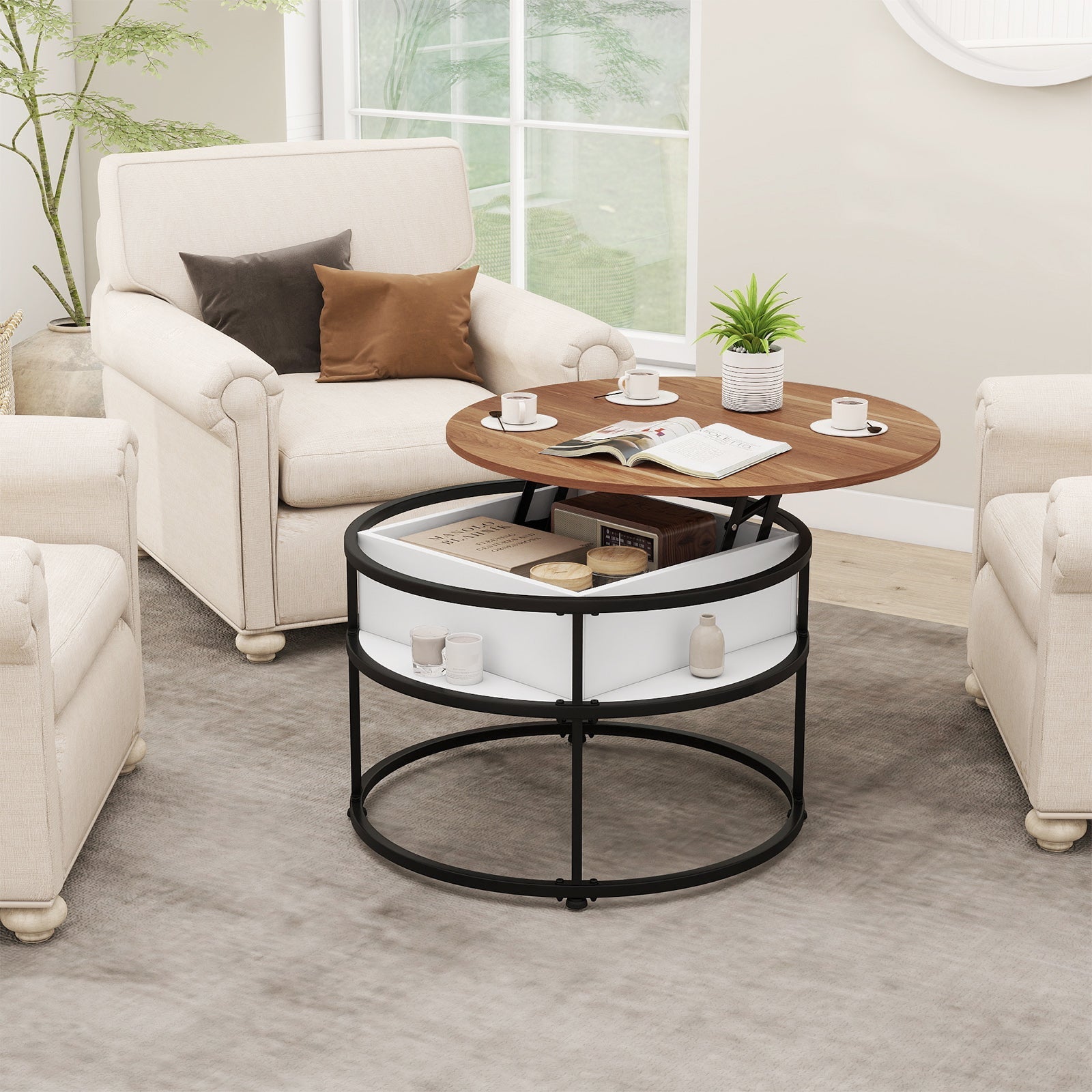 31.5 Inch Round Lift Top Coffee Table with Hidden Compartment and Side Shelves