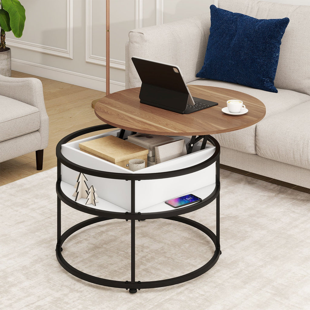 31.5 Inch Round Lift Top Coffee Table with Hidden Compartment and Side Shelves