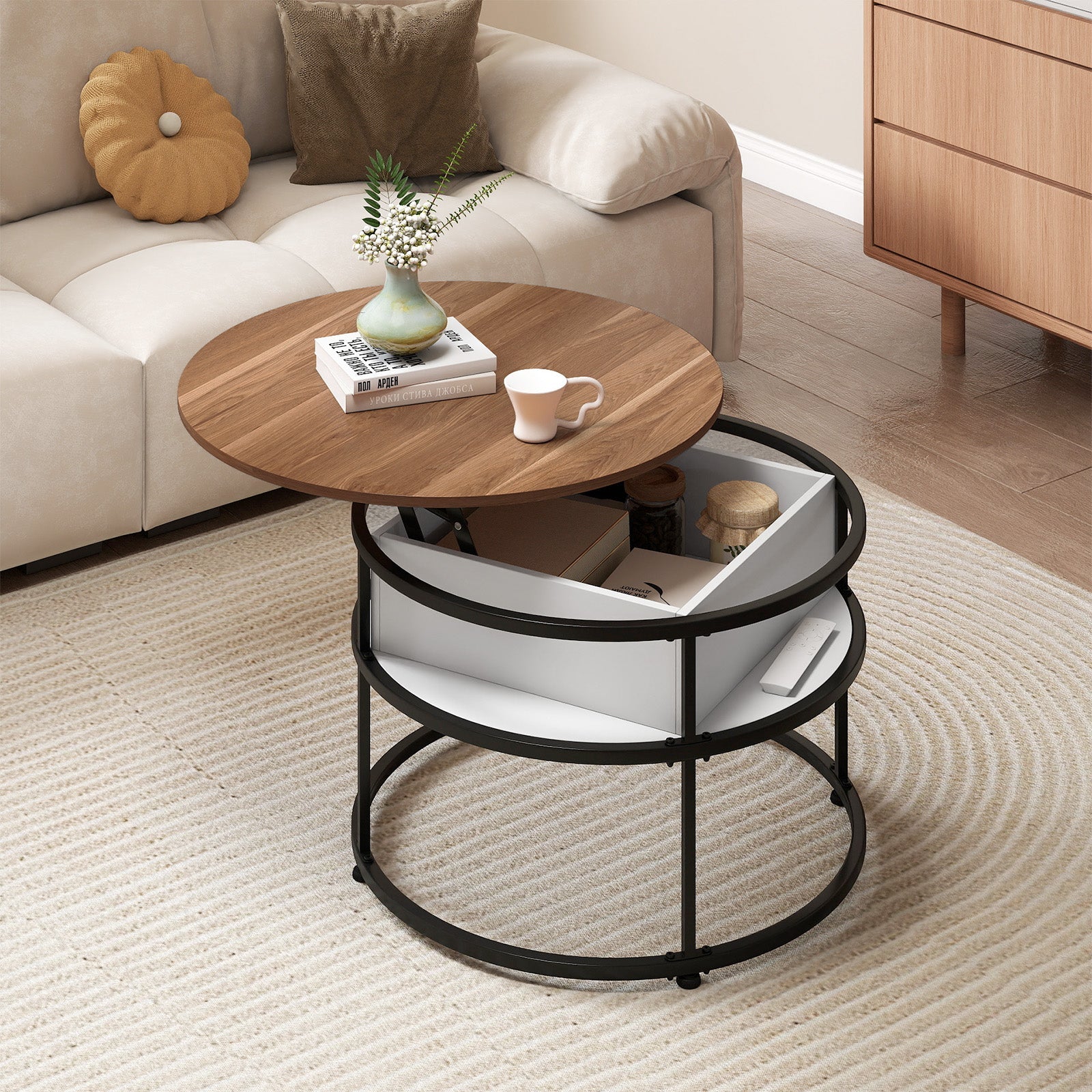 31.5 Inch Round Lift Top Coffee Table with Hidden Compartment and Side Shelves