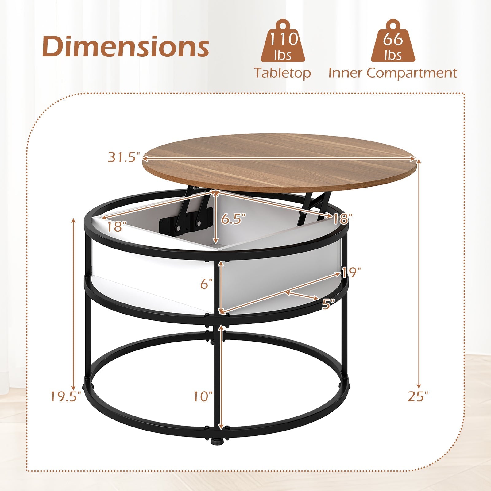 31.5 Inch Round Lift Top Coffee Table with Hidden Compartment and Side Shelves