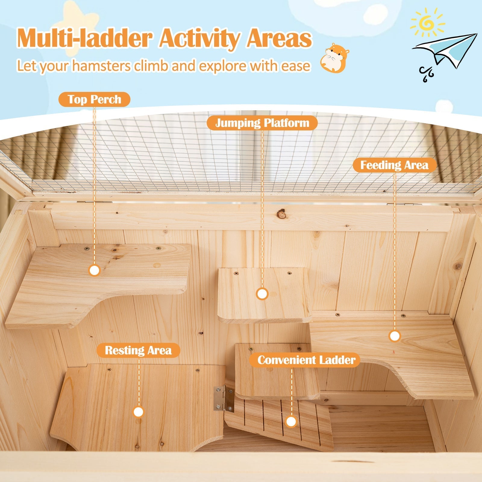 31.5 Inches Freestanding Hamster Cage Wooden Hamster Habitat Playpen-Natural
