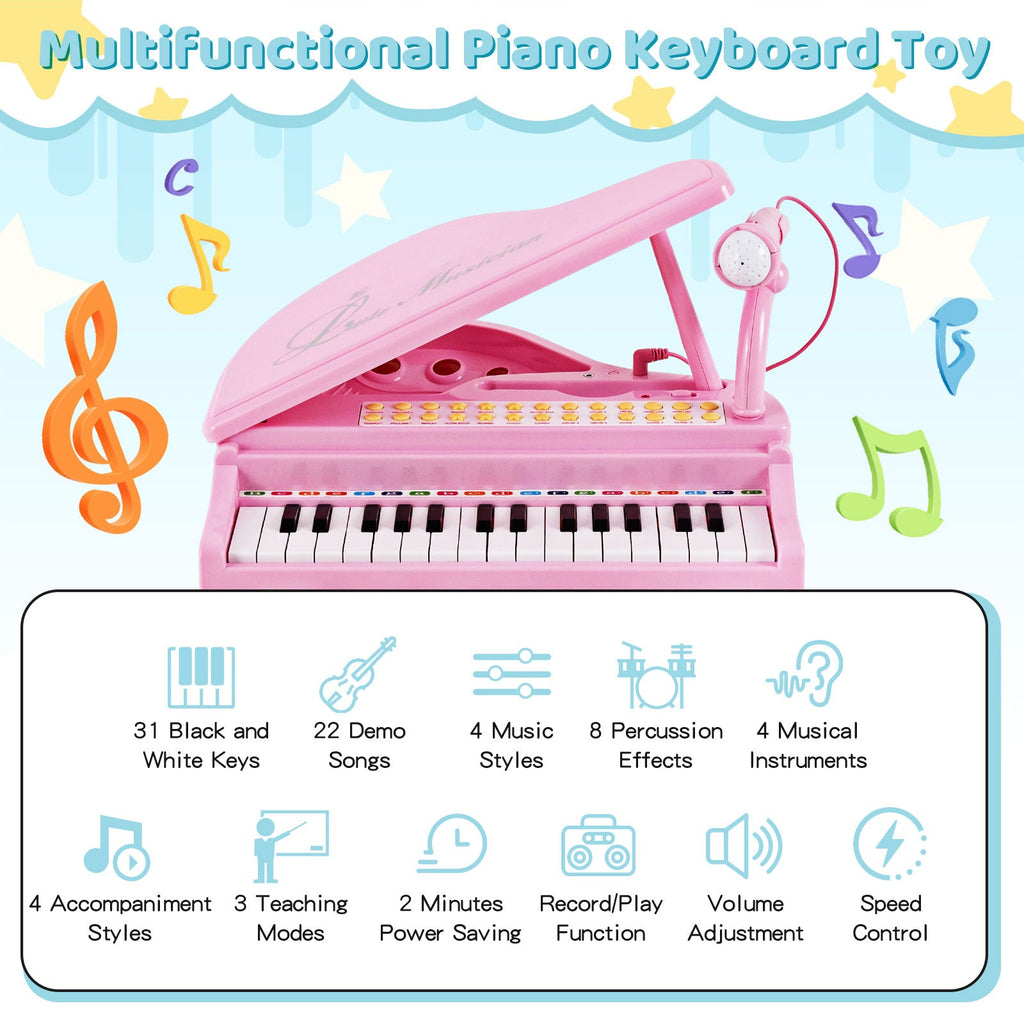 31 Keys Kids Piano Keyboard with Stool and Piano Lid-Pink