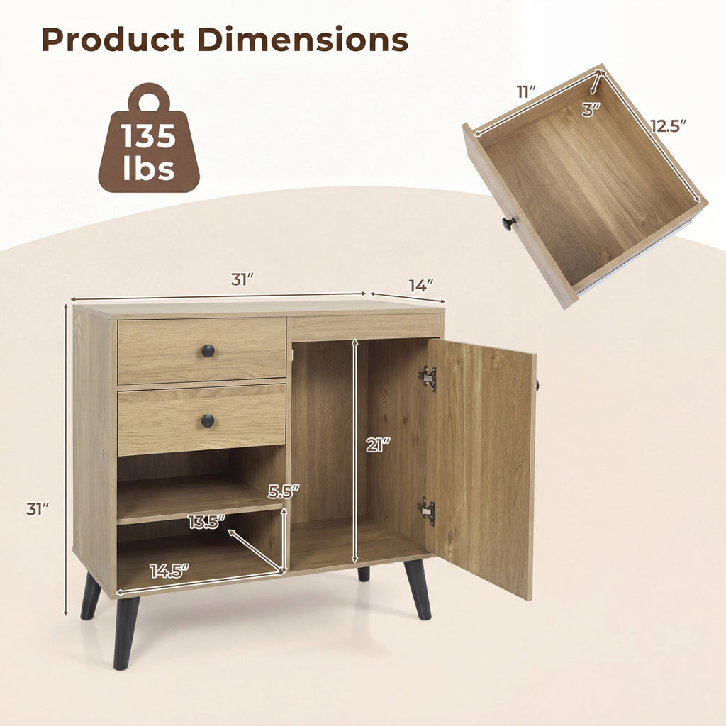 31" Sideboard Cabinet with 2 Drawers and Open Shelves
