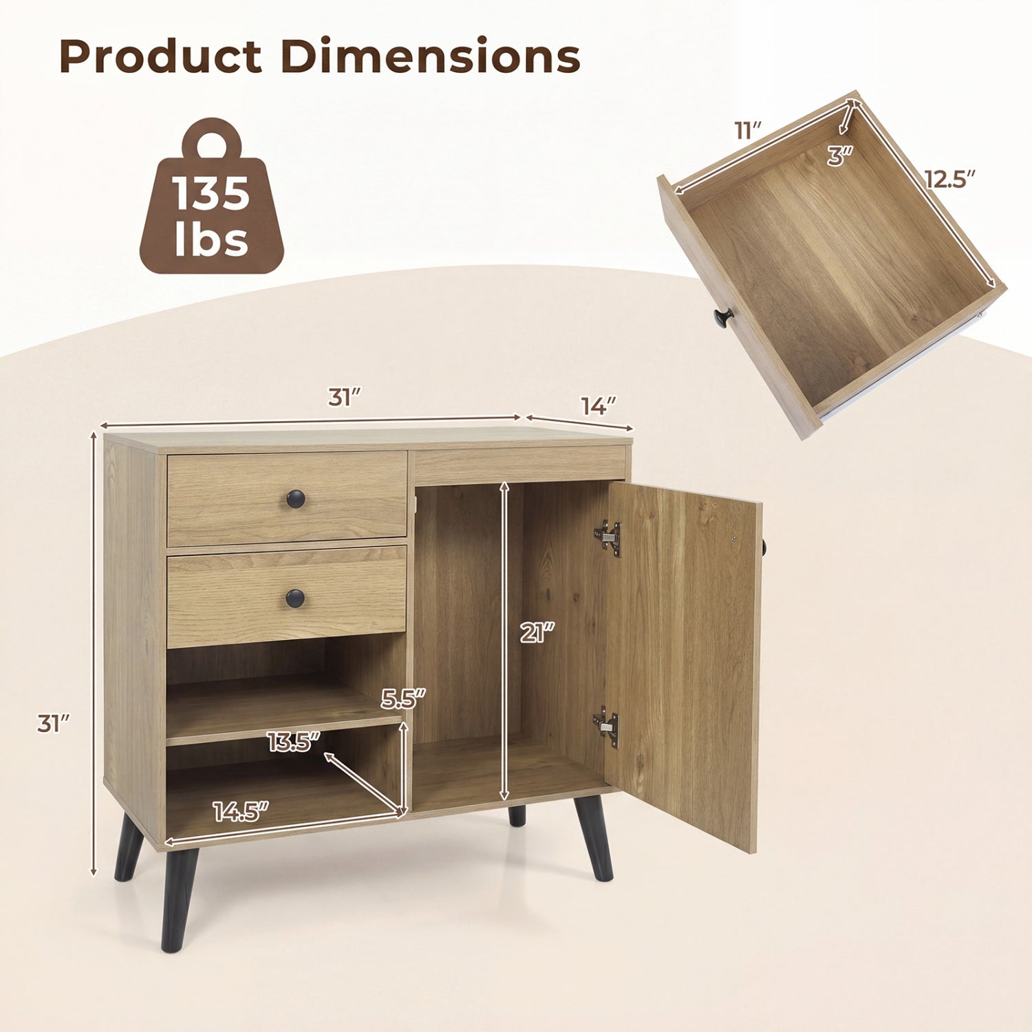 31" Sideboard Cabinet with 2 Drawers and Open Shelves