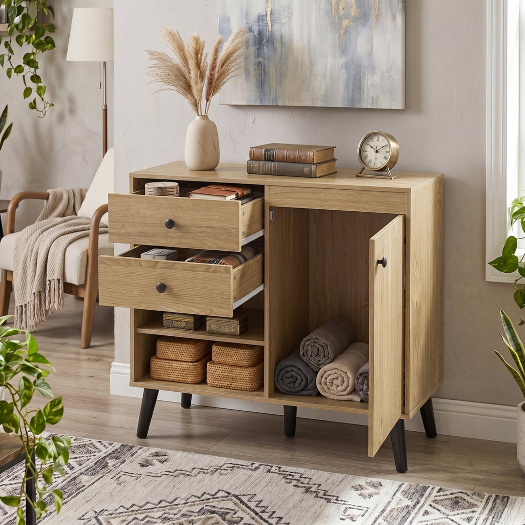 31" Sideboard Cabinet with 2 Drawers and Open Shelves