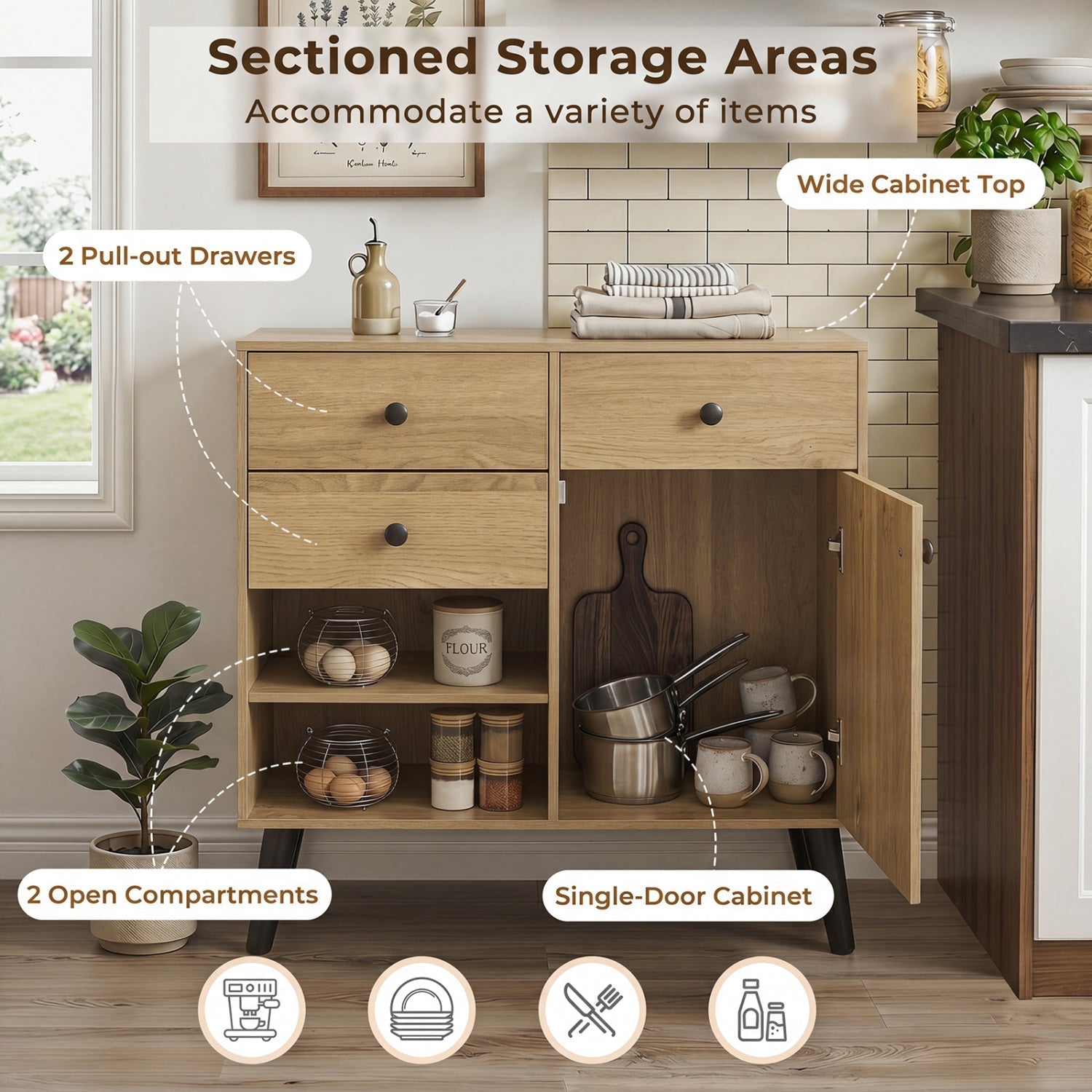 31" Sideboard Cabinet with 2 Drawers and Open Shelves