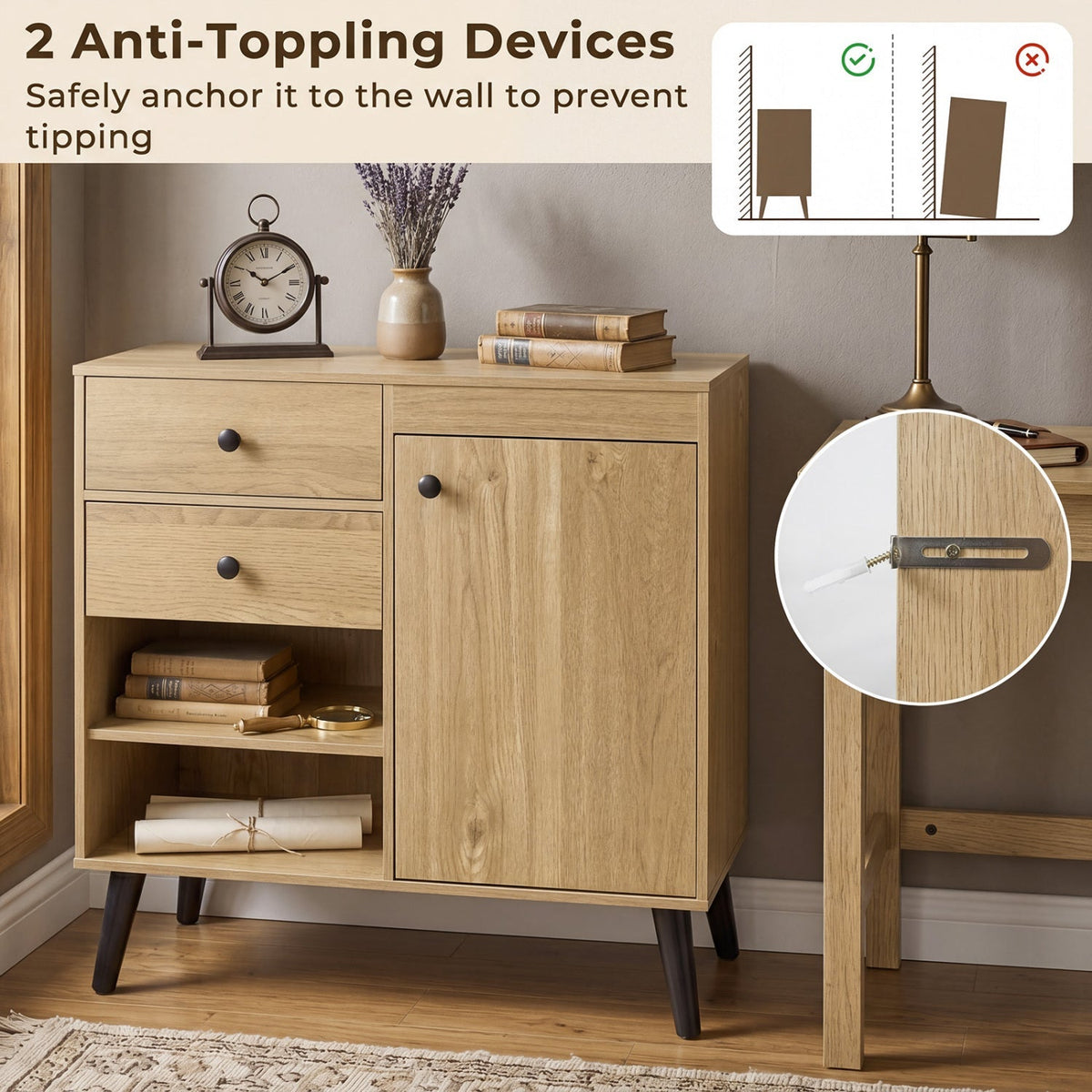 31" Sideboard Cabinet with 2 Drawers and Open Shelves