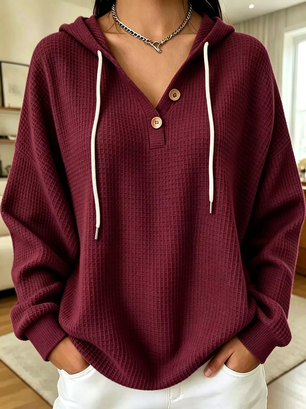 Full Size Waffle Knit Button Detail Hoodie Plus Size