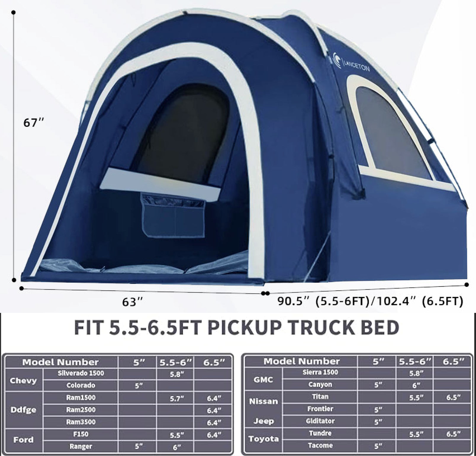 Lanceton Pickup Truck Tent for 5.5'-6.5' Beds, Waterproof PU3000mm High-Density Oxford, Color-Coded Easy Setup, Features Unique 8" Rear Window Access Pipe & Cross-Pole Windproof Structure (F150, Ram, Silverado, Tundra)