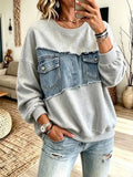 Full Size Denim Patchwork Dropped Shoulder Sweatshirt Plus Size