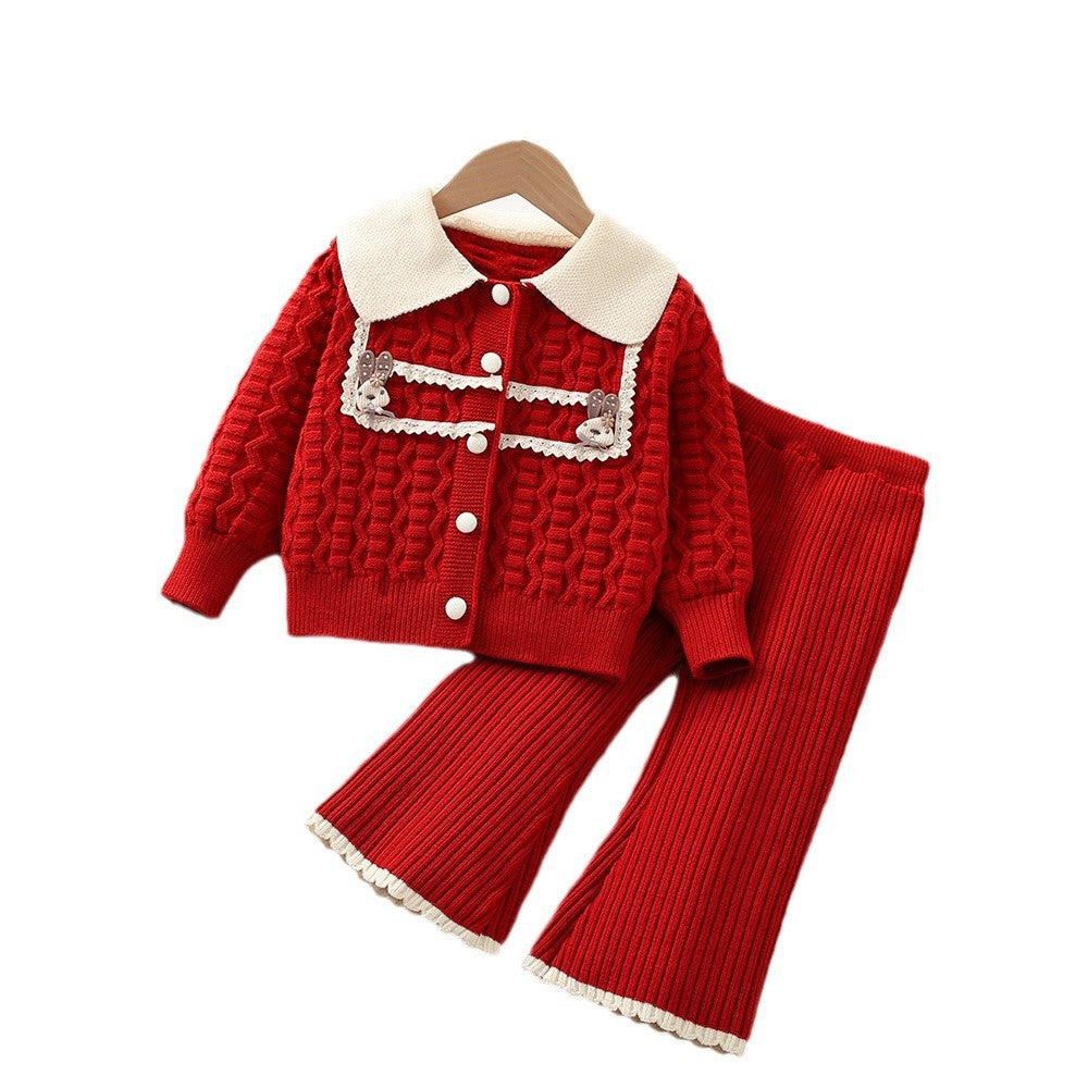 Western-style Knitted Cardigan And Trousers Two-piece Set For Baby Girls