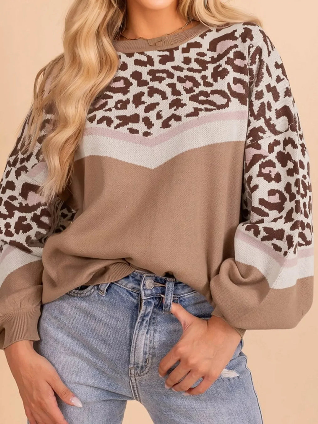 Leopard Color Block Knit Round Neck Baggy Sweater