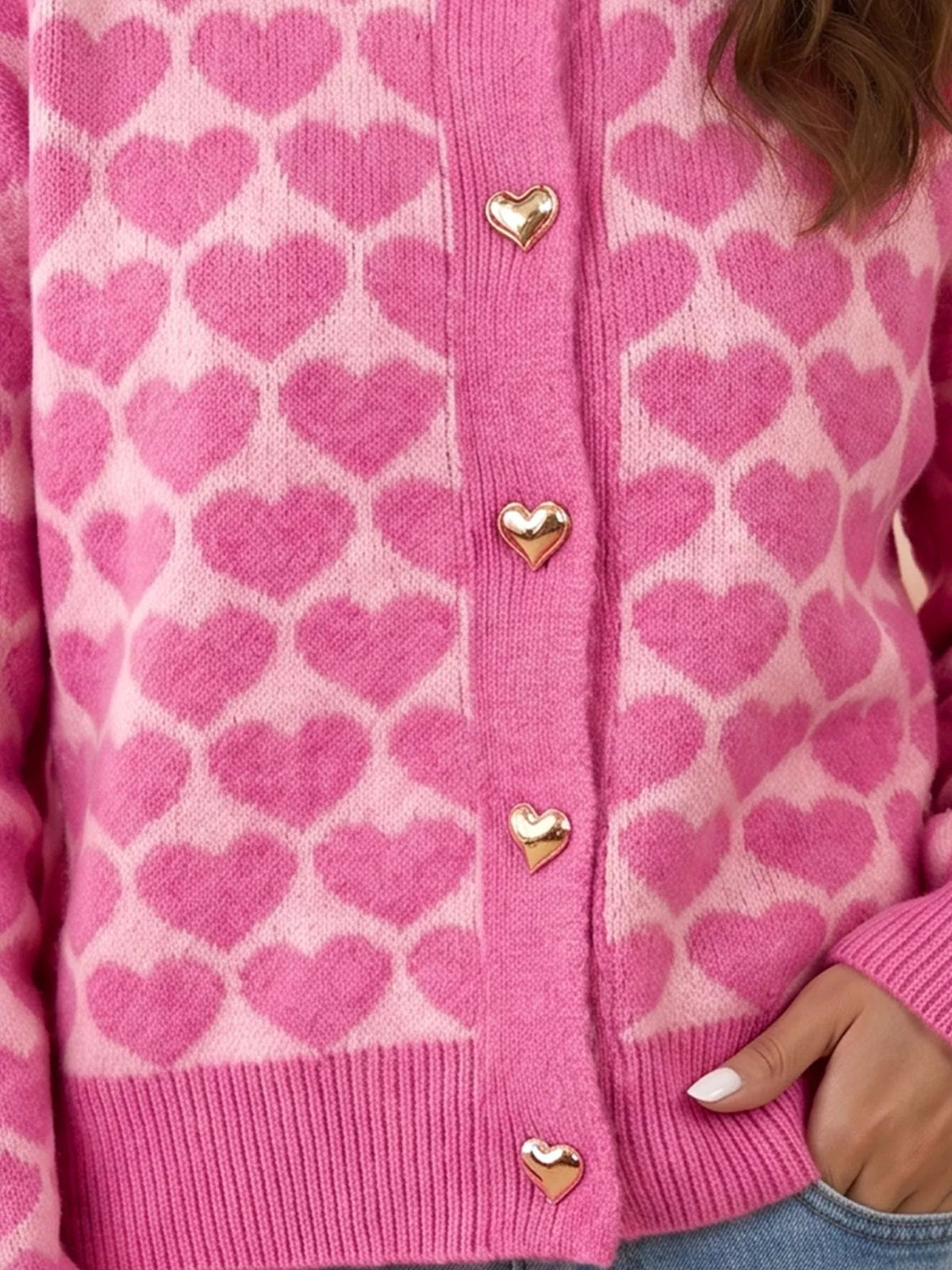 Heart Pattern Drop Shoulder Long Sleeve Button Front Cardigan