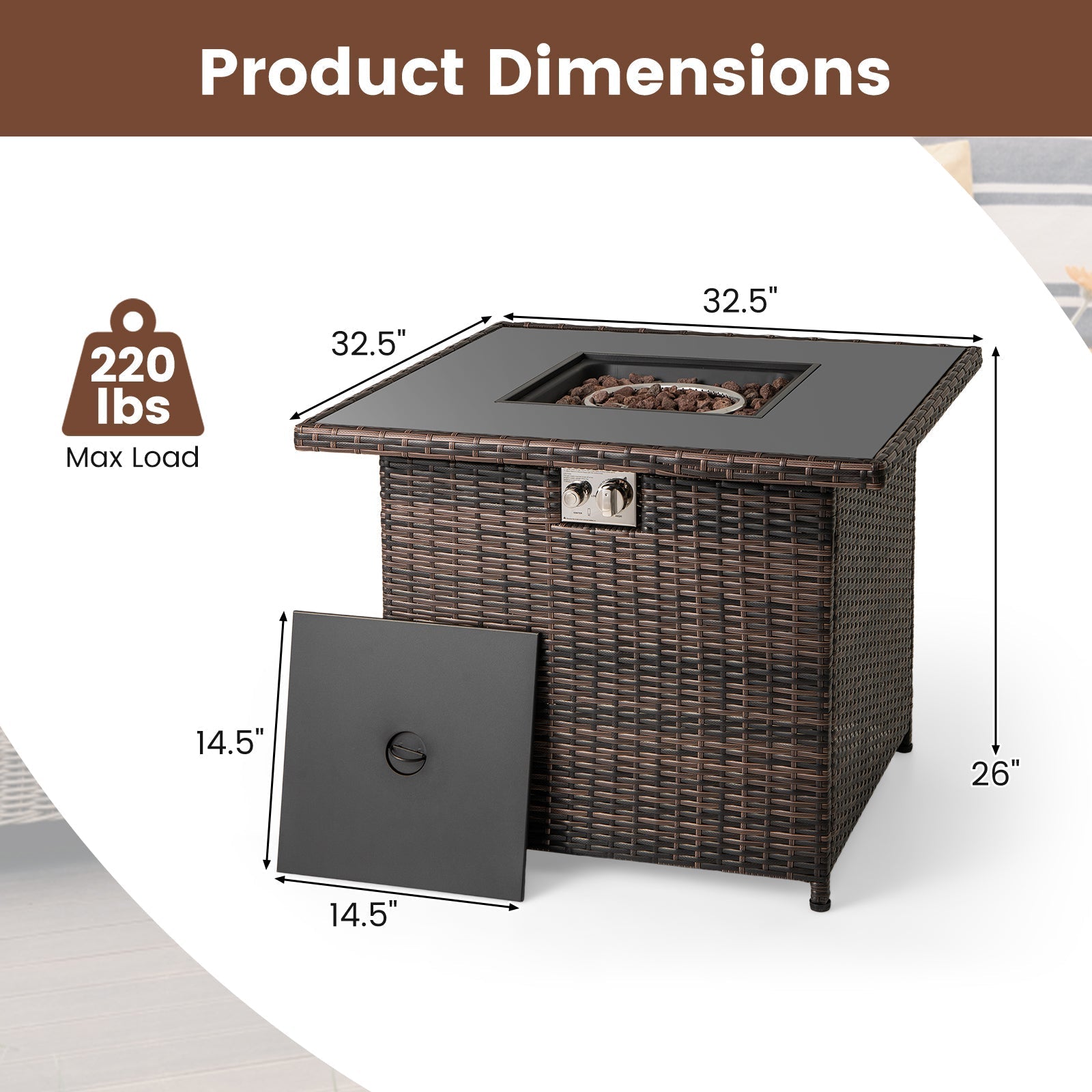 32.5 Inch Propane Fire Pit Table 5000 BTU with Tempered Glass Tabletop