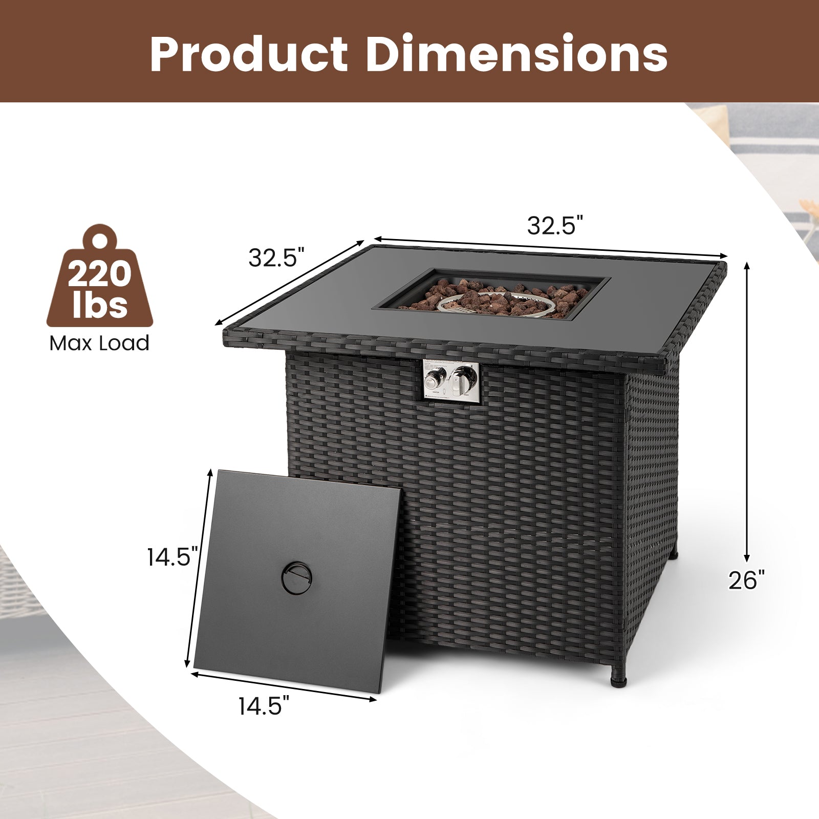 32.5 Inch Propane Fire Pit Table 5000 BTU with Tempered Glass Tabletop