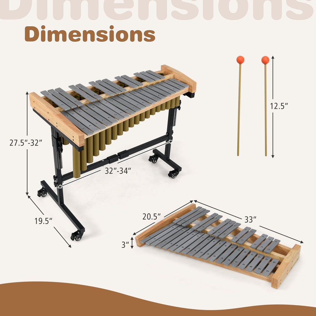32 Note Marimba Aluminum Xylophone with Rubber Wood Base-Golden