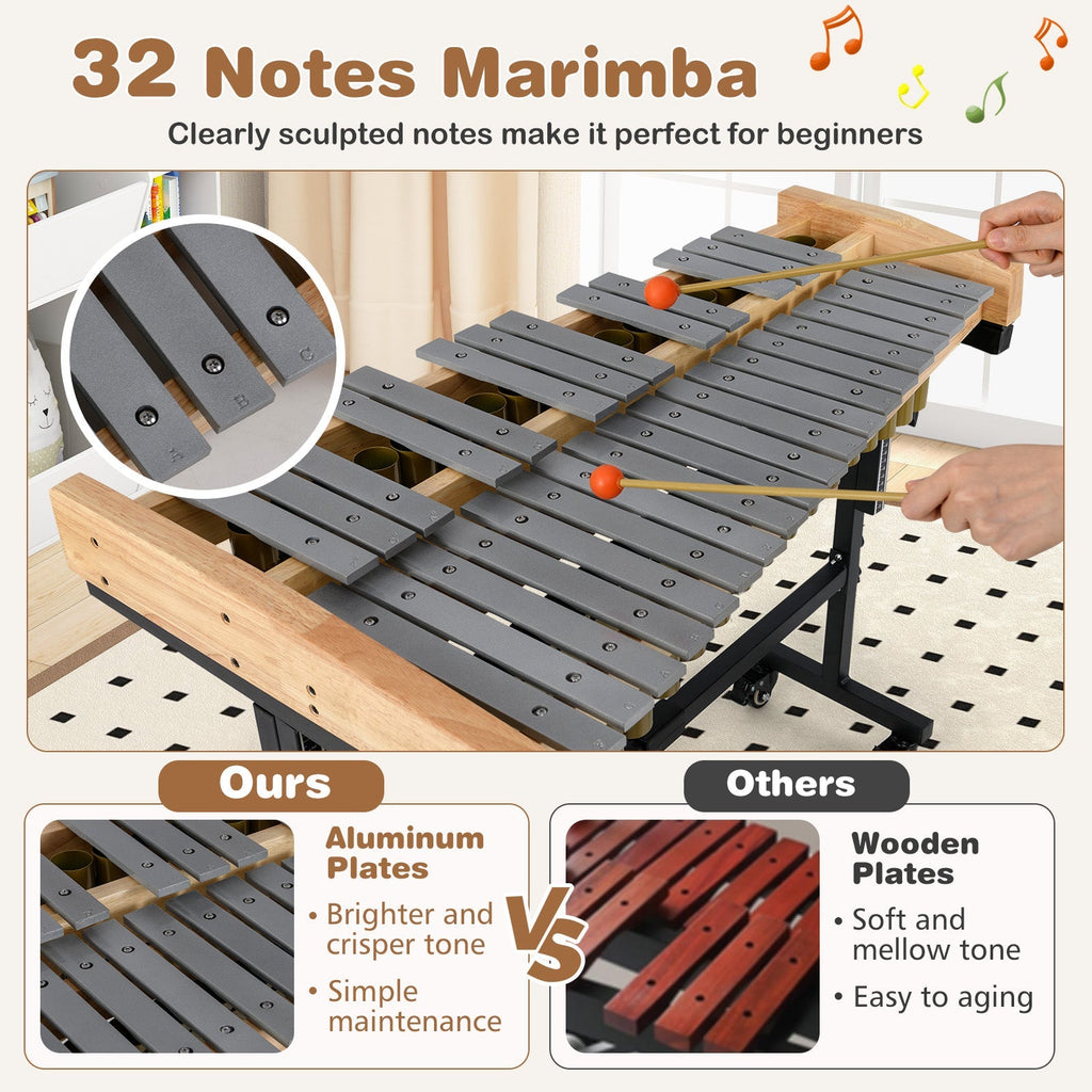 32 Note Marimba Aluminum Xylophone with Rubber Wood Base-Golden