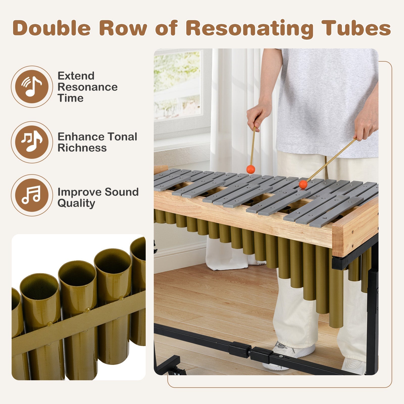 32 Note Marimba Aluminum Xylophone with Rubber Wood Base-Golden