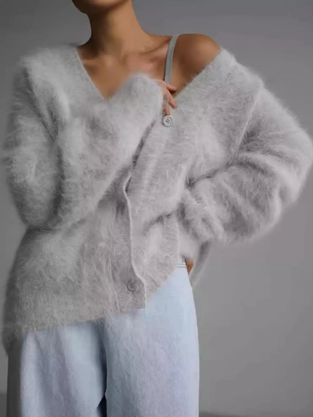 Fuzzy V-Neck Button-Down Cardigan