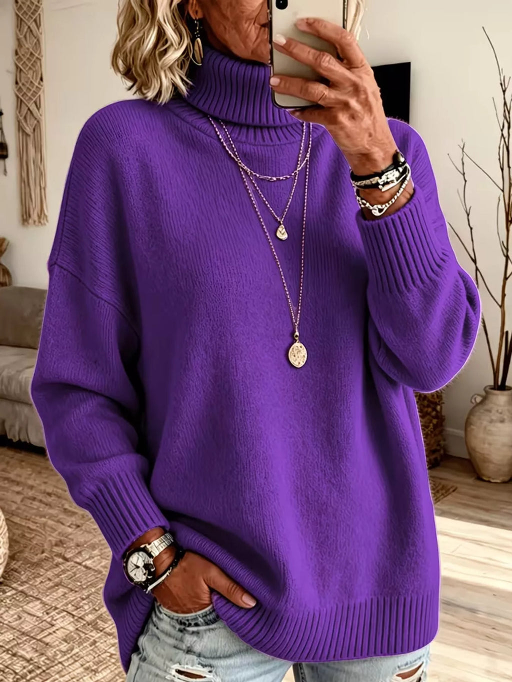 Turtleneck Dropped Shoulder Sweater