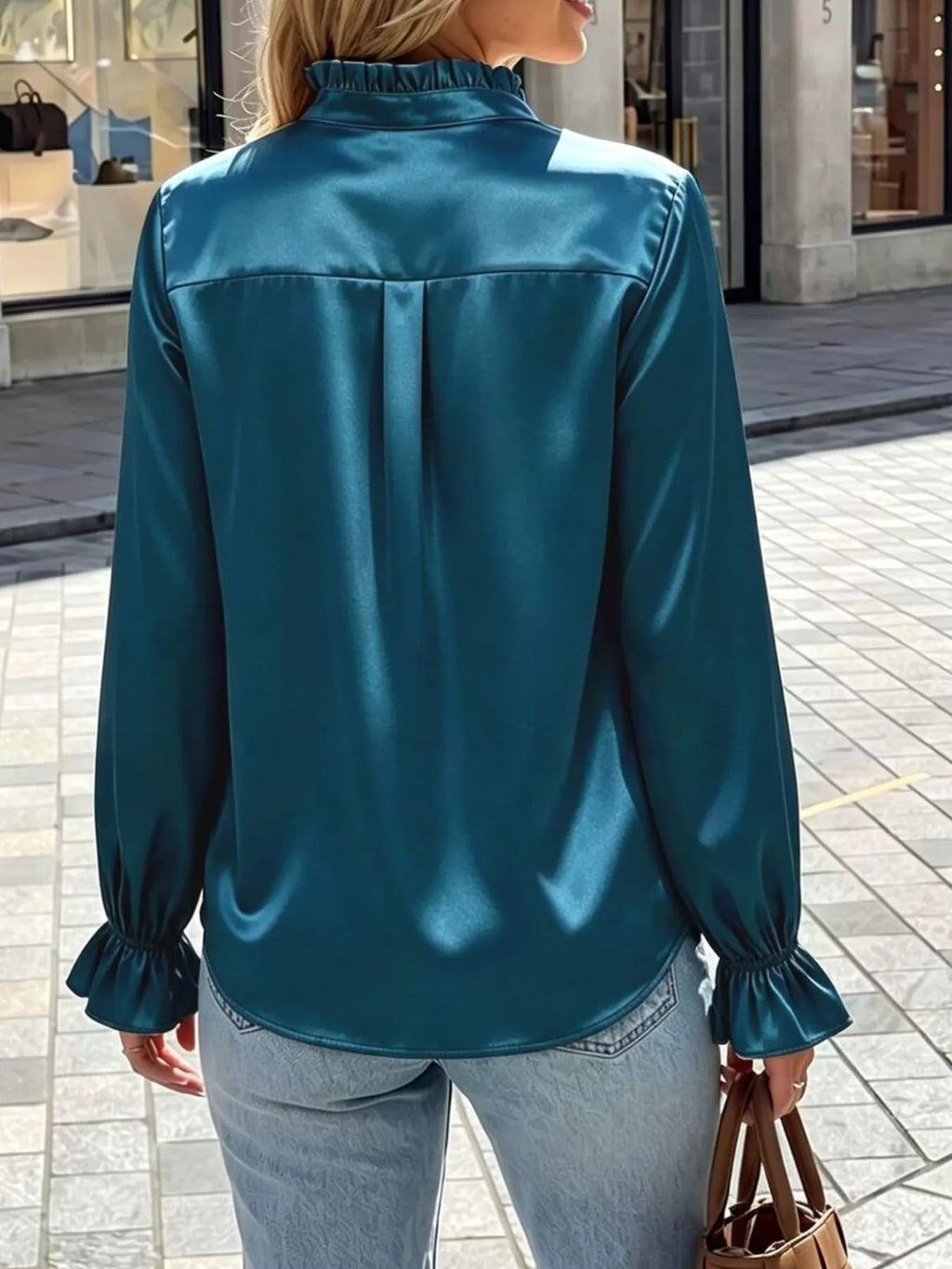 Elegant Button Down Ruffle Trim Satin Shirt