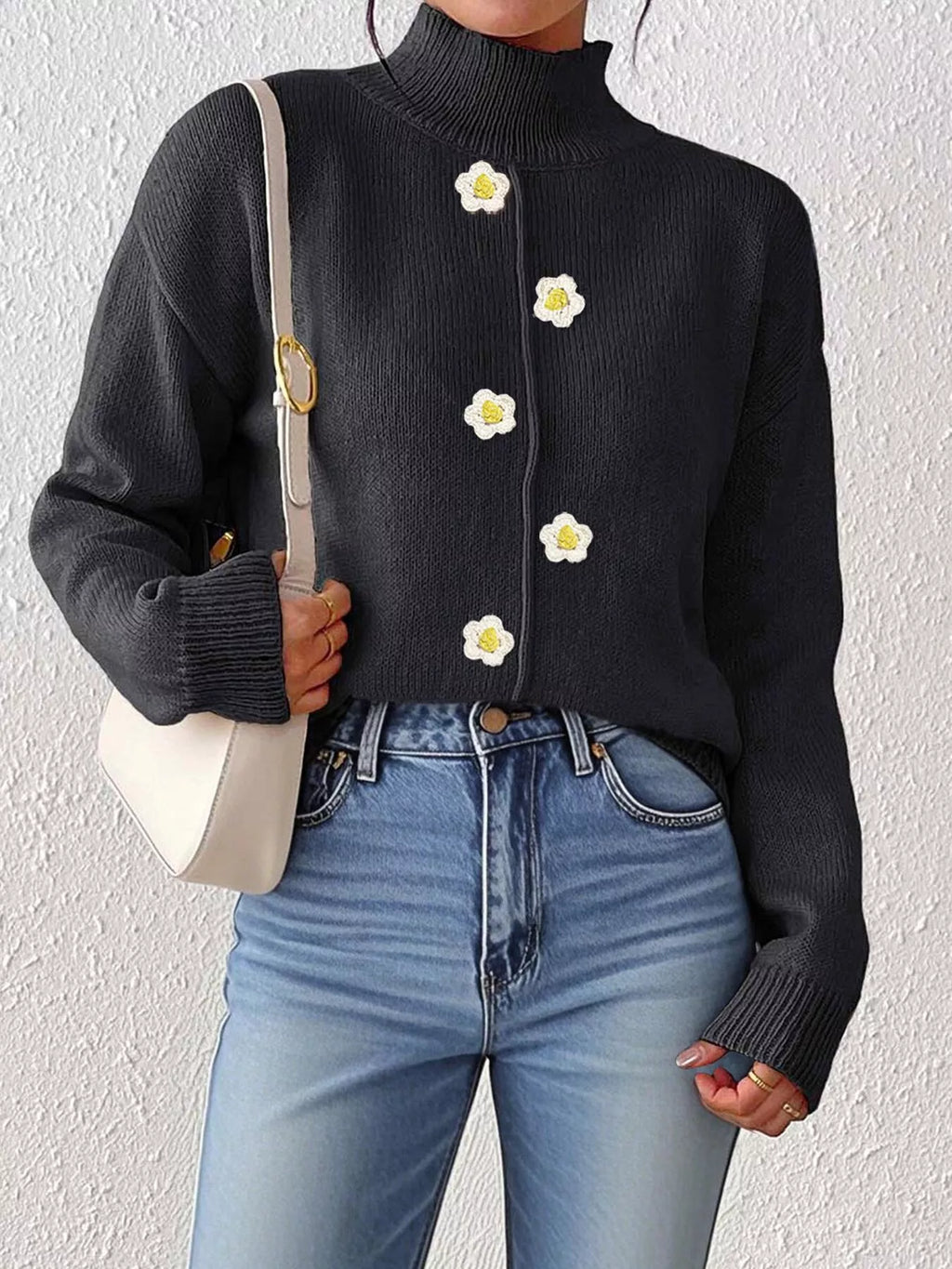 Floral Applique Turtleneck Sweater