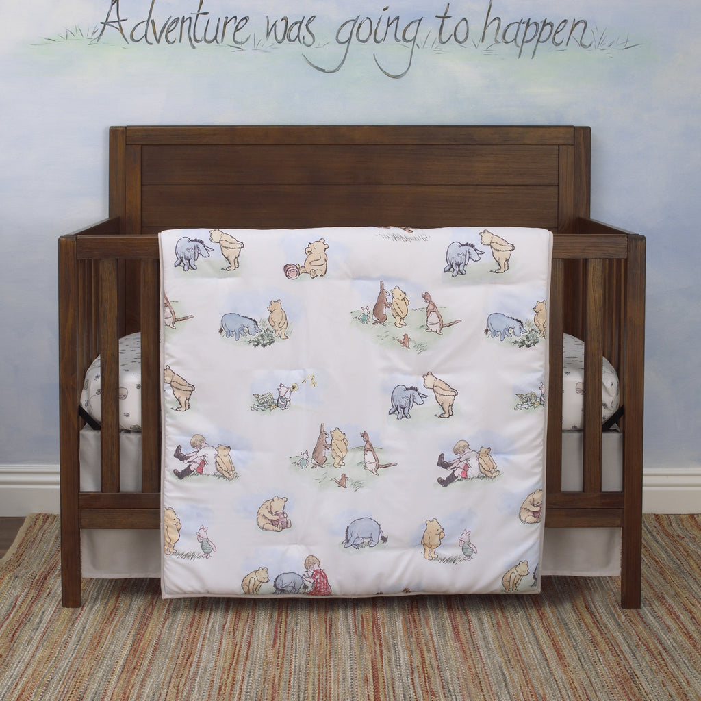Disney Winnie the Pooh Classic Pooh Ivory, Blue, Sage, Tan Storybook 6 Piece Nursery Crib Bedding Set - Comforter, 2 Fitted Crib Sheets, Dust Ruffle, Baby Blanket, Changing Pad Cover