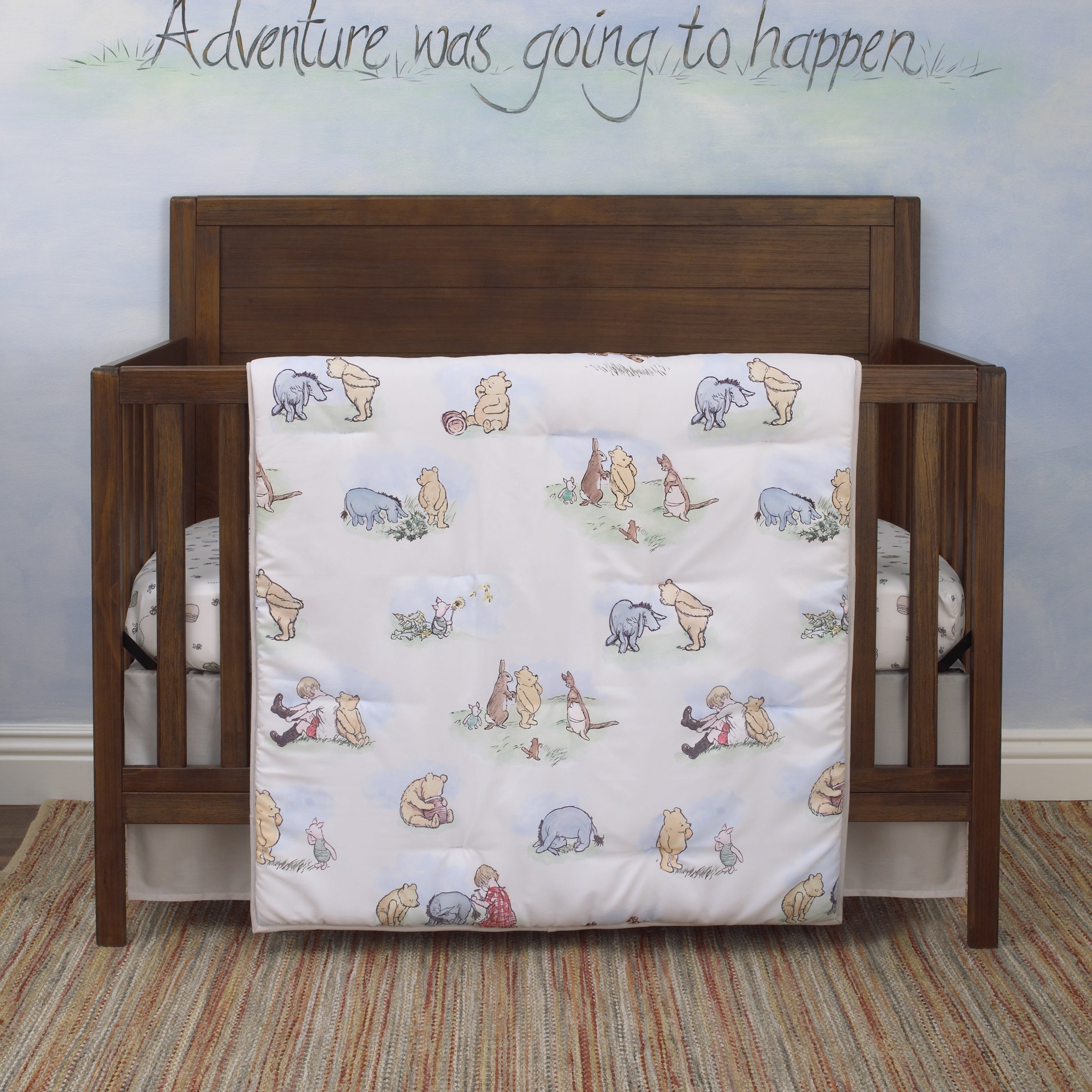 Disney Winnie the Pooh Classic Pooh Ivory, Blue, Sage, Tan Storybook 6 Piece Nursery Crib Bedding Set - Comforter, 2 Fitted Crib Sheets, Dust Ruffle, Baby Blanket, Changing Pad Cover