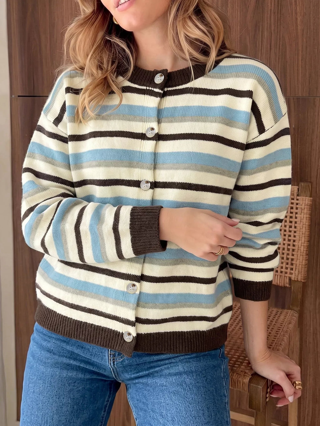 Striped Crew Neck Button-Down Cardigan