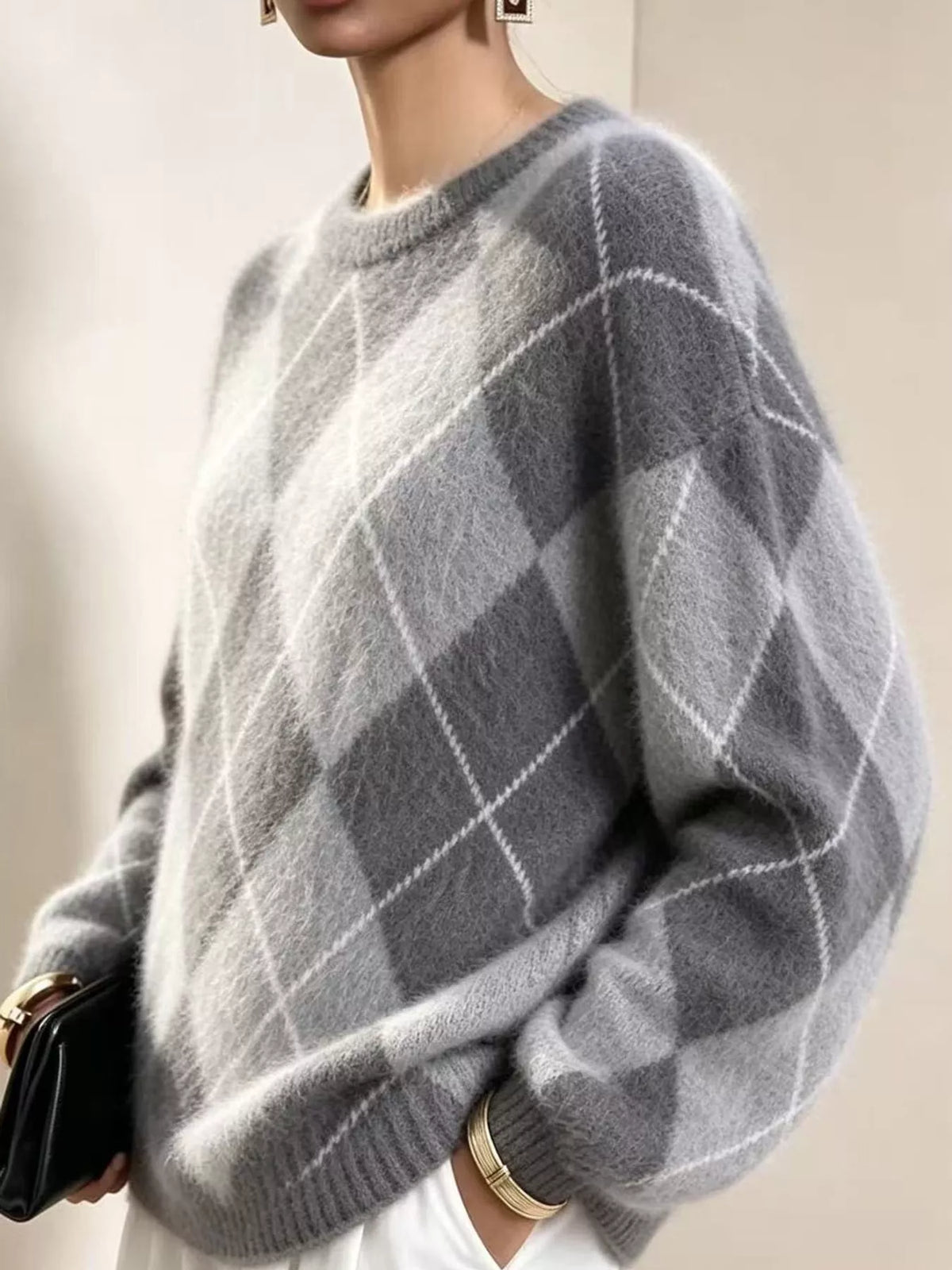 Argyle Pattern Fuzzy Knit Sweater
