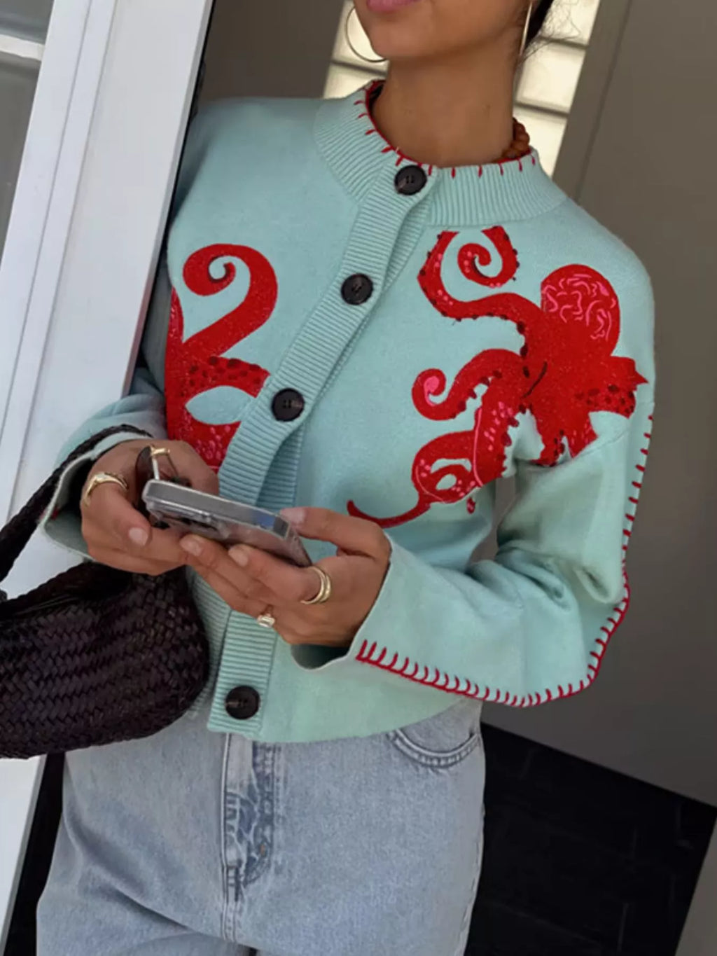 Octopus Button Up Cropped Cardigan