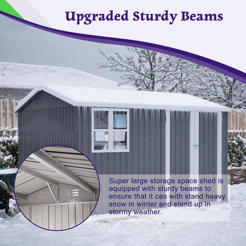 10X8FT Outdoor Steel Storage Shed with Clear Window, Lockable Doors