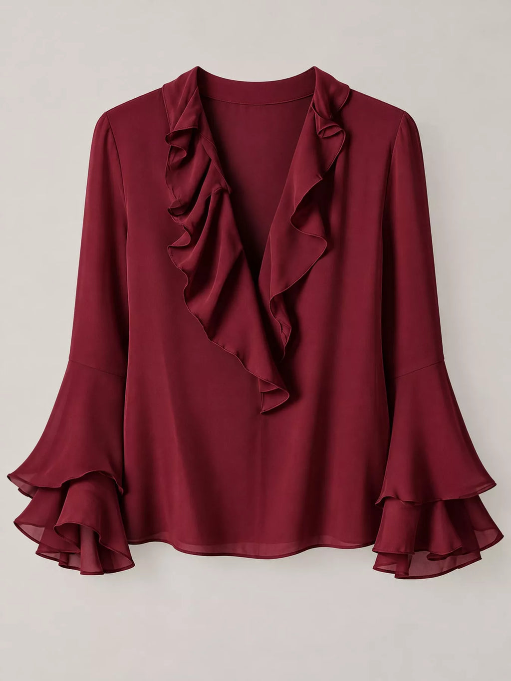 Ruffle-Trim V-Neck Blouse with Bell Sleeves