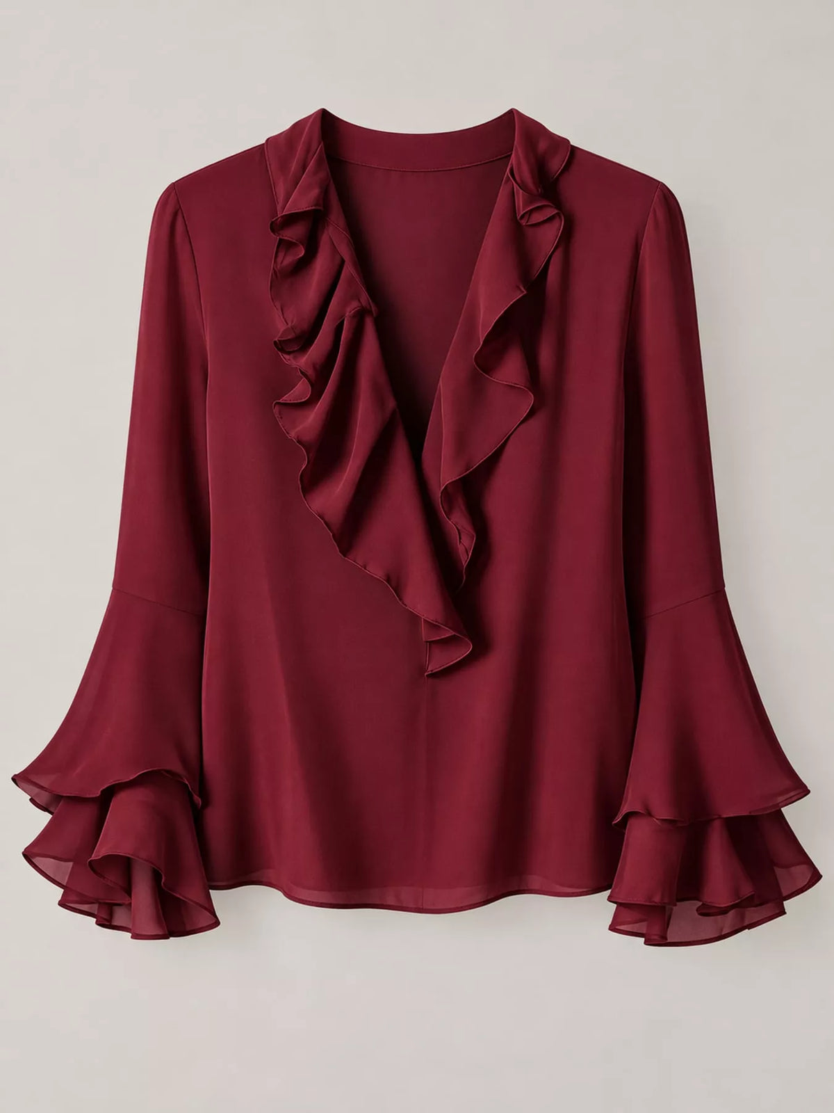 Ruffle-Trim V-Neck Blouse with Bell Sleeves