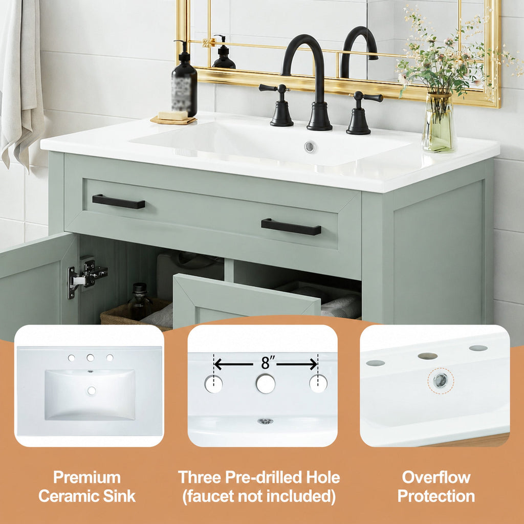 30-Inch Sage Green Bathroom Vanity with Flexible Storage - Solid Wood Frame
