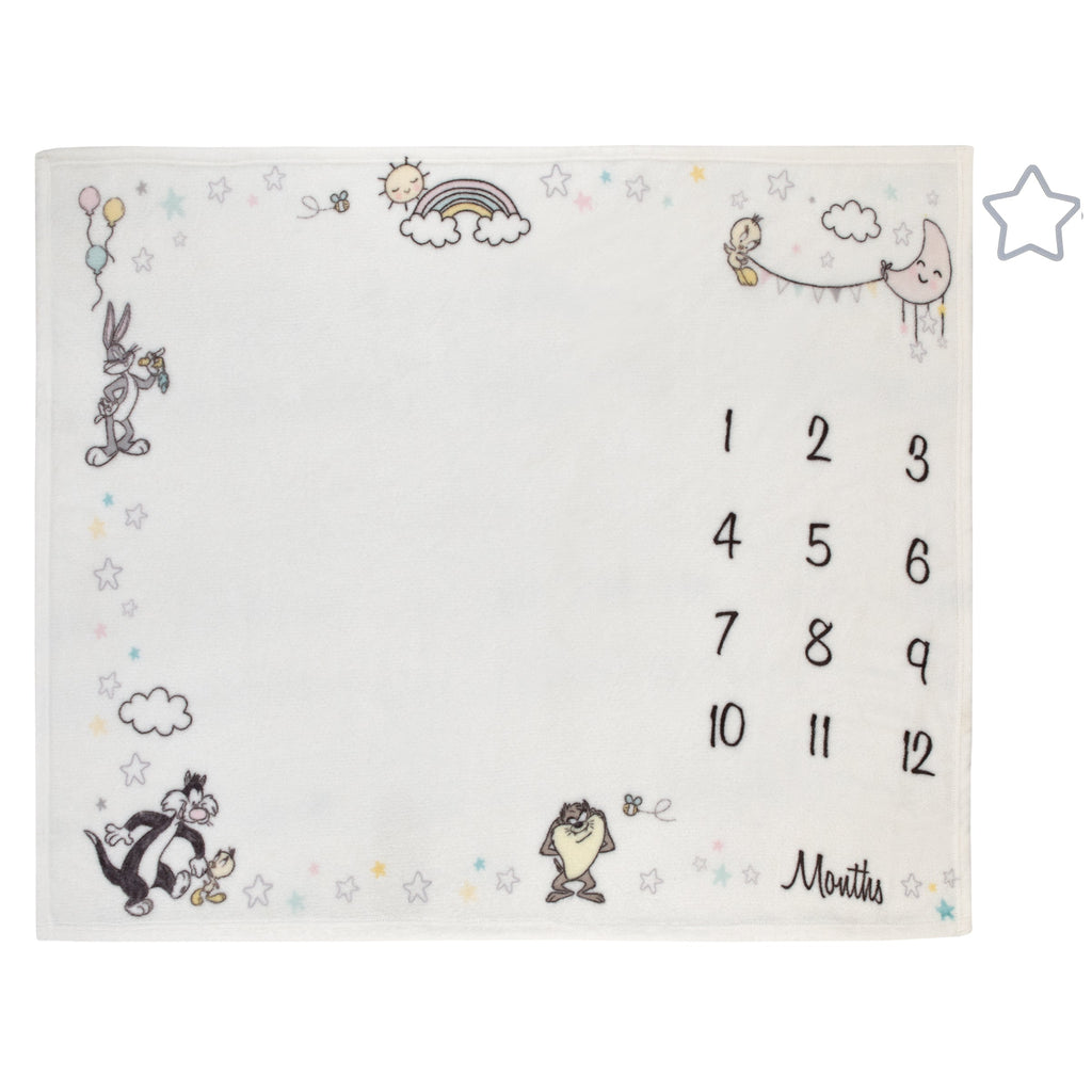 Warner Bros  Looney Tunes Best Buds White with Pastel Blue, Pink, and Yellow Bugs Bunny, Tweety, Tasmanian Devil, and Sylvester the Cat Milestone Blanket