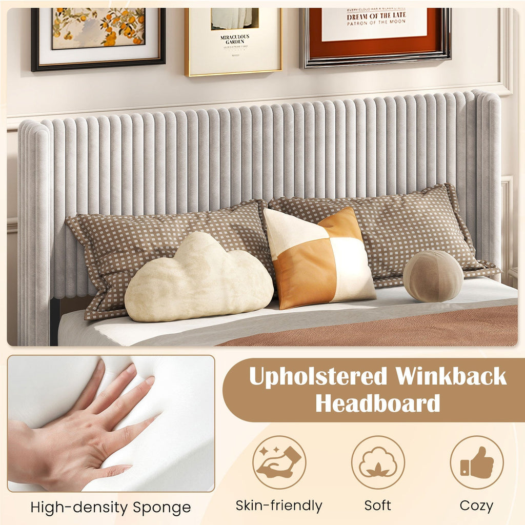 Queen Size Velvet Bed Frame with Vertical Channel Tufted Wingback Headboard-White