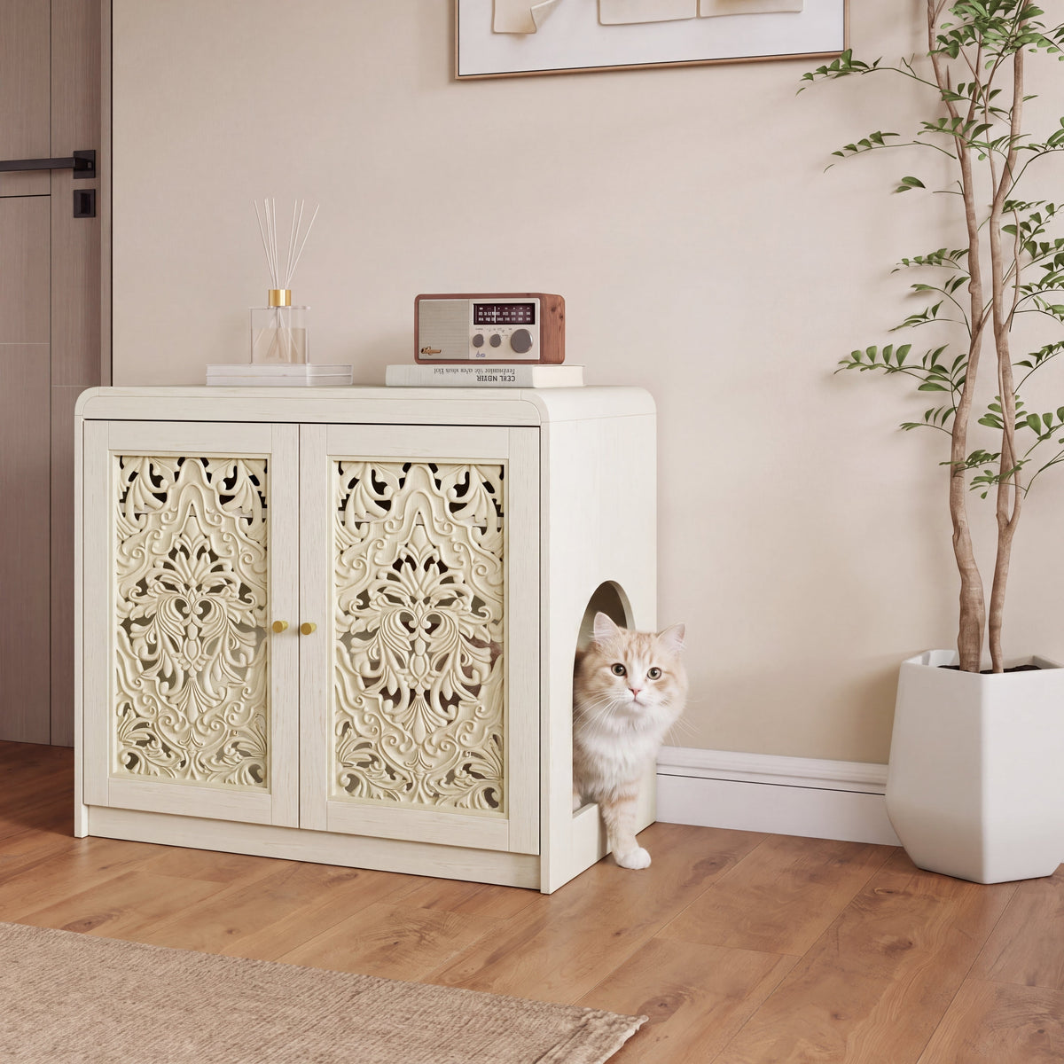 Antique White Pet Litter Box Cabinet with Ventilation - Engineered Wood