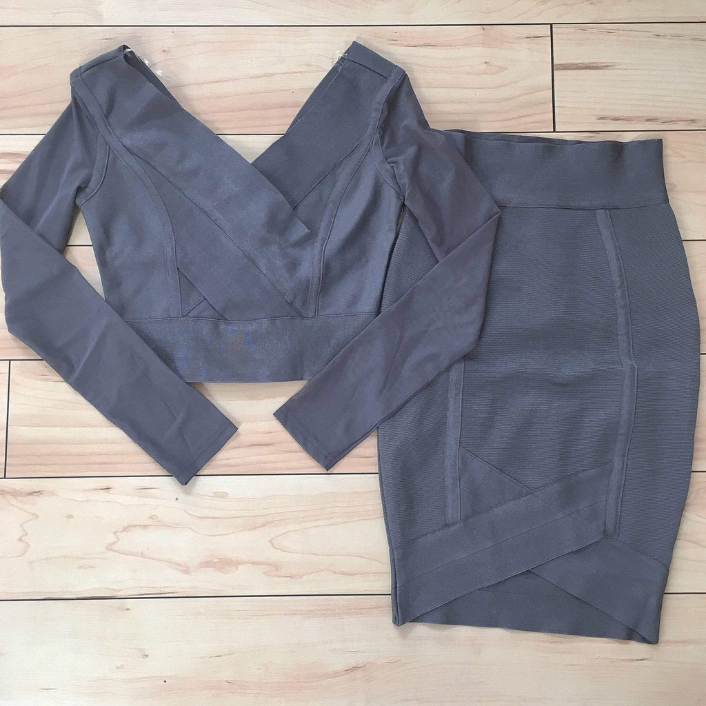Long Sleeve V-Neck Bandage Two Piece Set