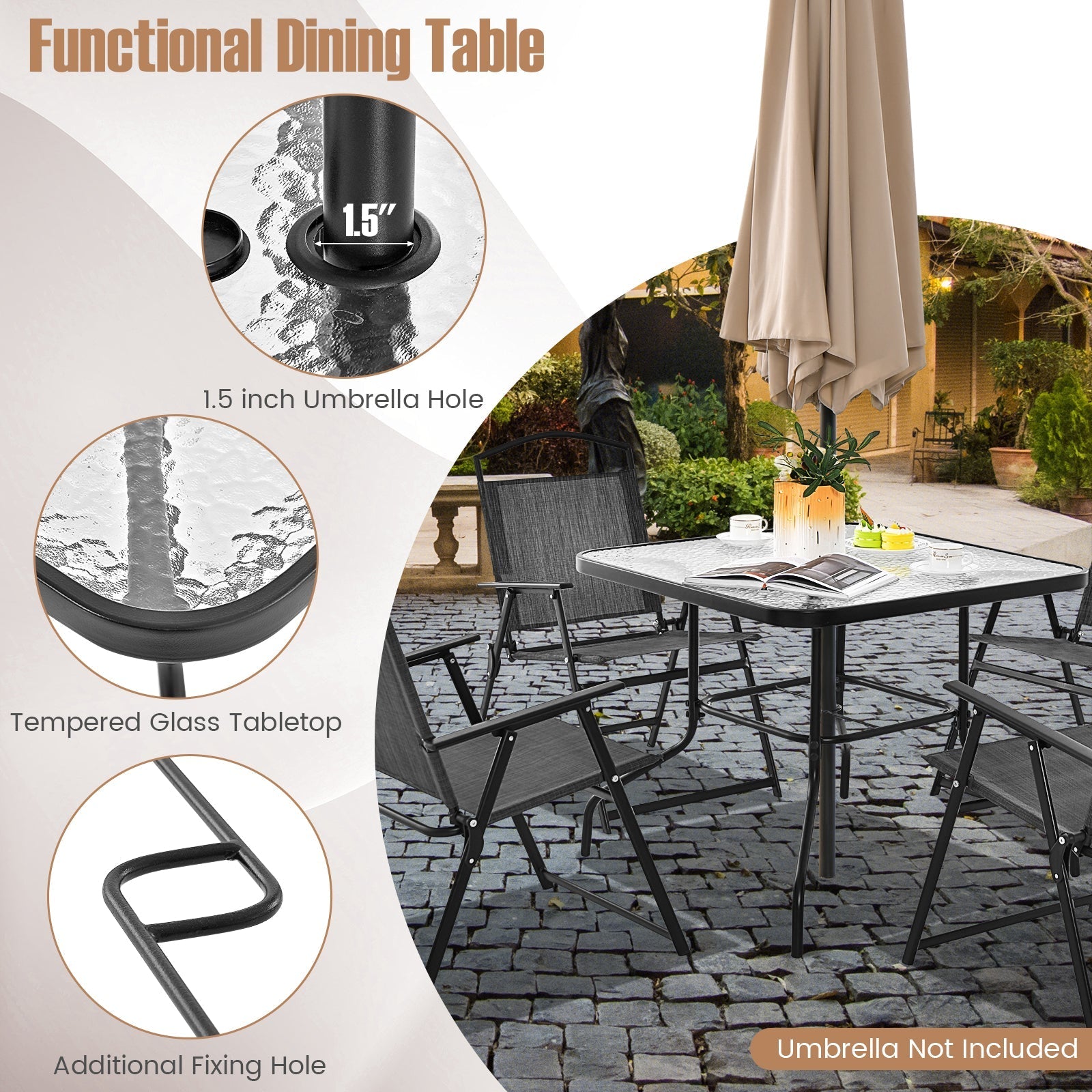 34 Inch Outdoor Dining Table Square Tempered Glass Table with 1.5 Inch Umbrella Hole-Black