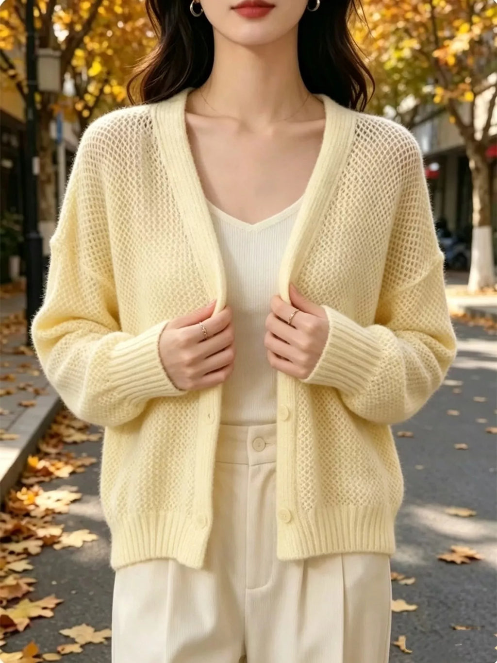 V-Neck Open-Knit Button-Down Cardigan